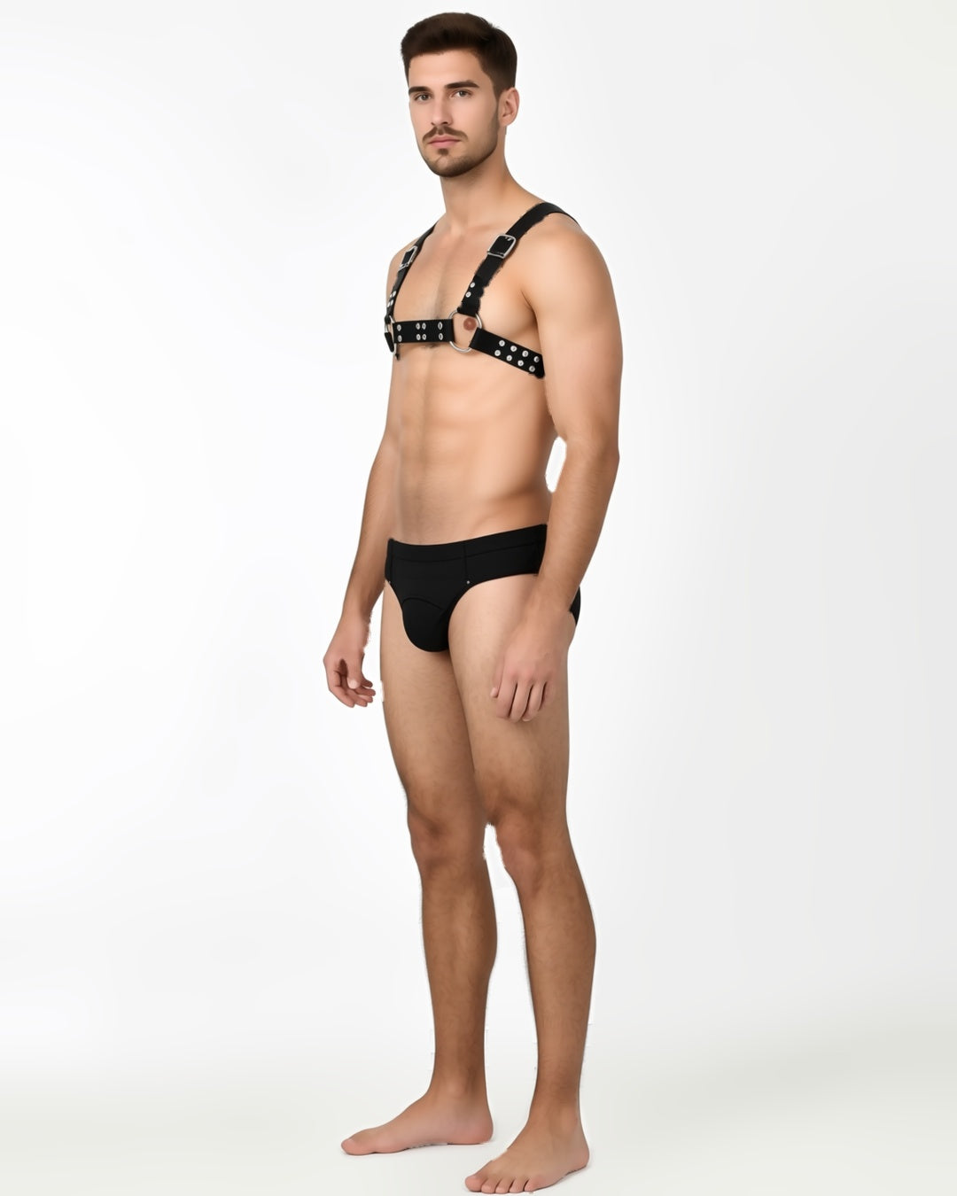 Gothic Chest Harness Body Strap, three-quarter view on model Karim (EUP-M01). onmodel