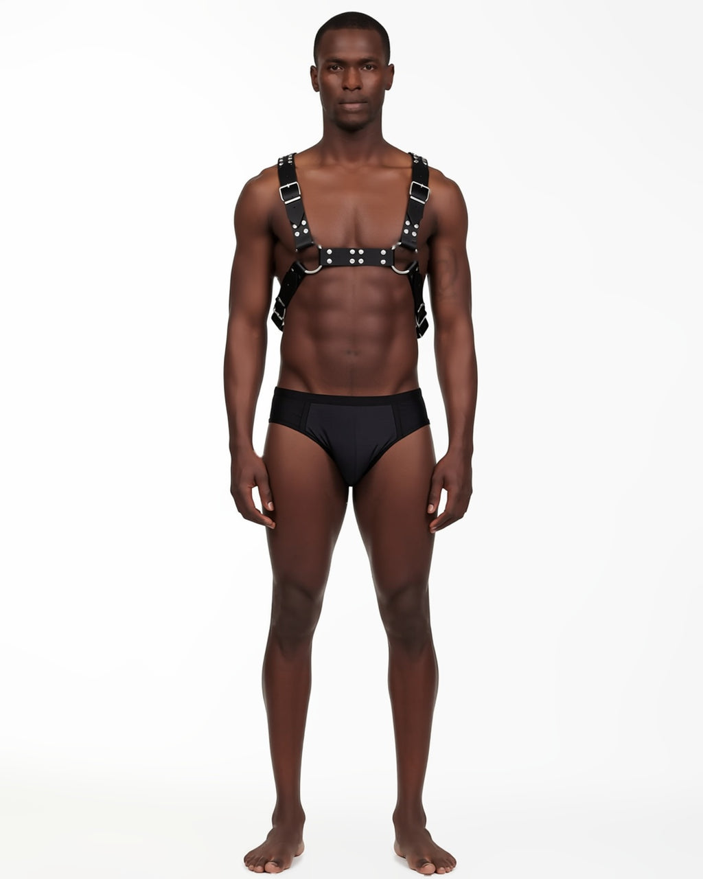 Gothic Chest Harness Body Strap, front view on model Tarek (EUP-M03). onmodel
