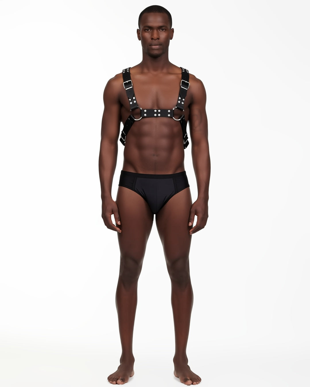 Gothic Chest Harness Body Strap, front view on model Tarek (EUP-M03). onmodel
