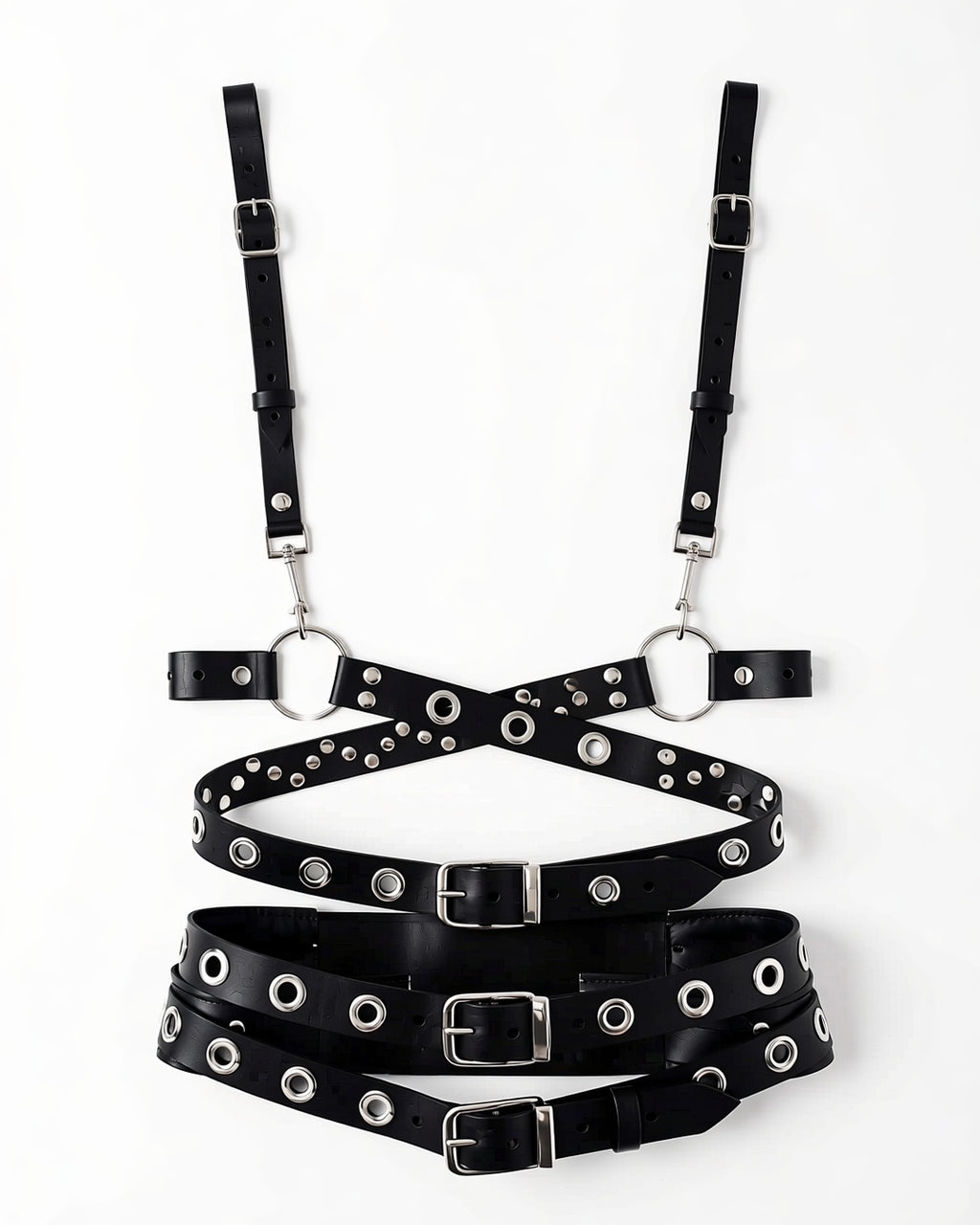 Multi-Layer Faux Leather Waist Cinch with Rivet Rings, laid flat to show the full piece.