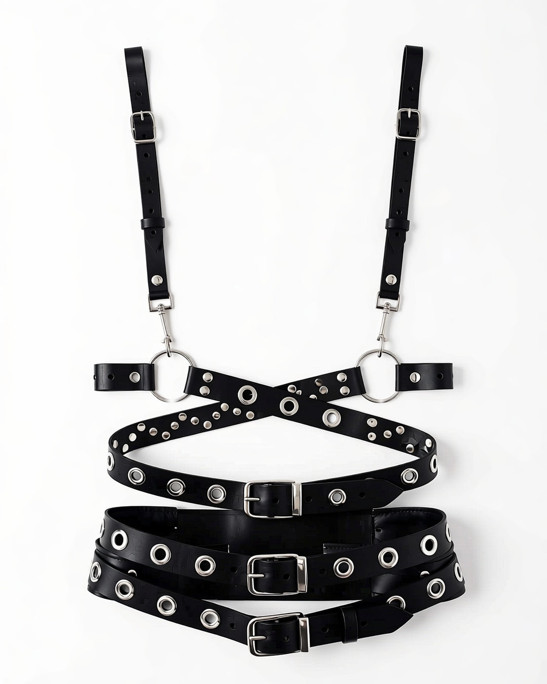 Multi-Layer Faux Leather Waist Cinch with Rivet Rings, laid flat to show the full piece.