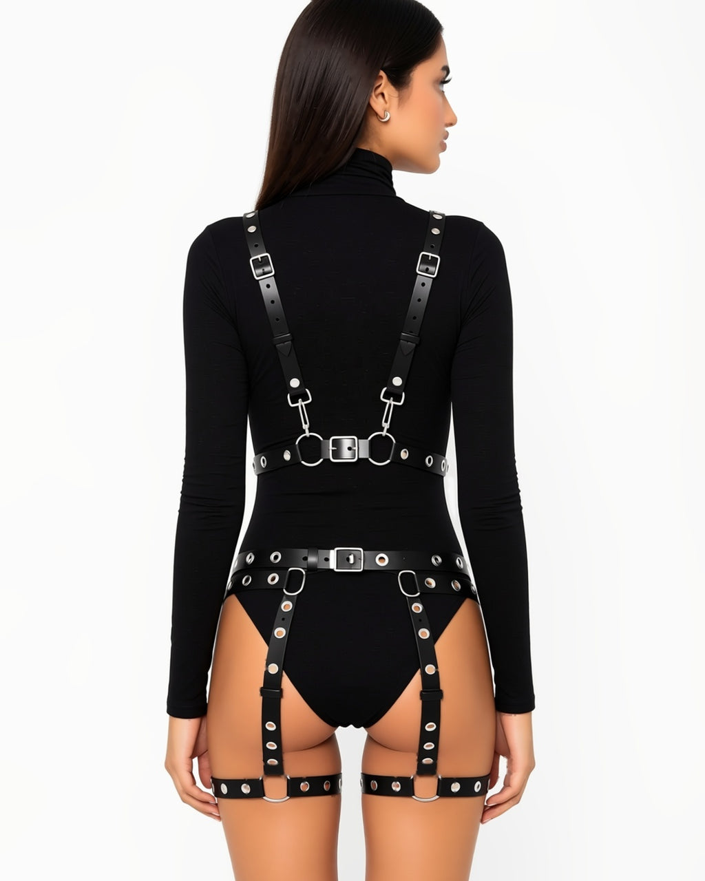 Multi-Layer Faux Leather Waist Cinch with Rivet Rings, back view on model Maya (EUP-W06). The black bodysuit is styling only and not included. onmodel