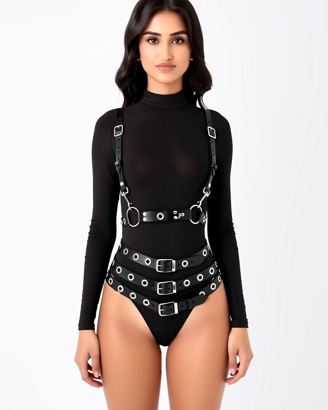 Multi-Layer Faux Leather Waist Cinch with Rivet Rings, front view on model Maya (EUP-W06). The black bodysuit is styling only and not included. onmodel