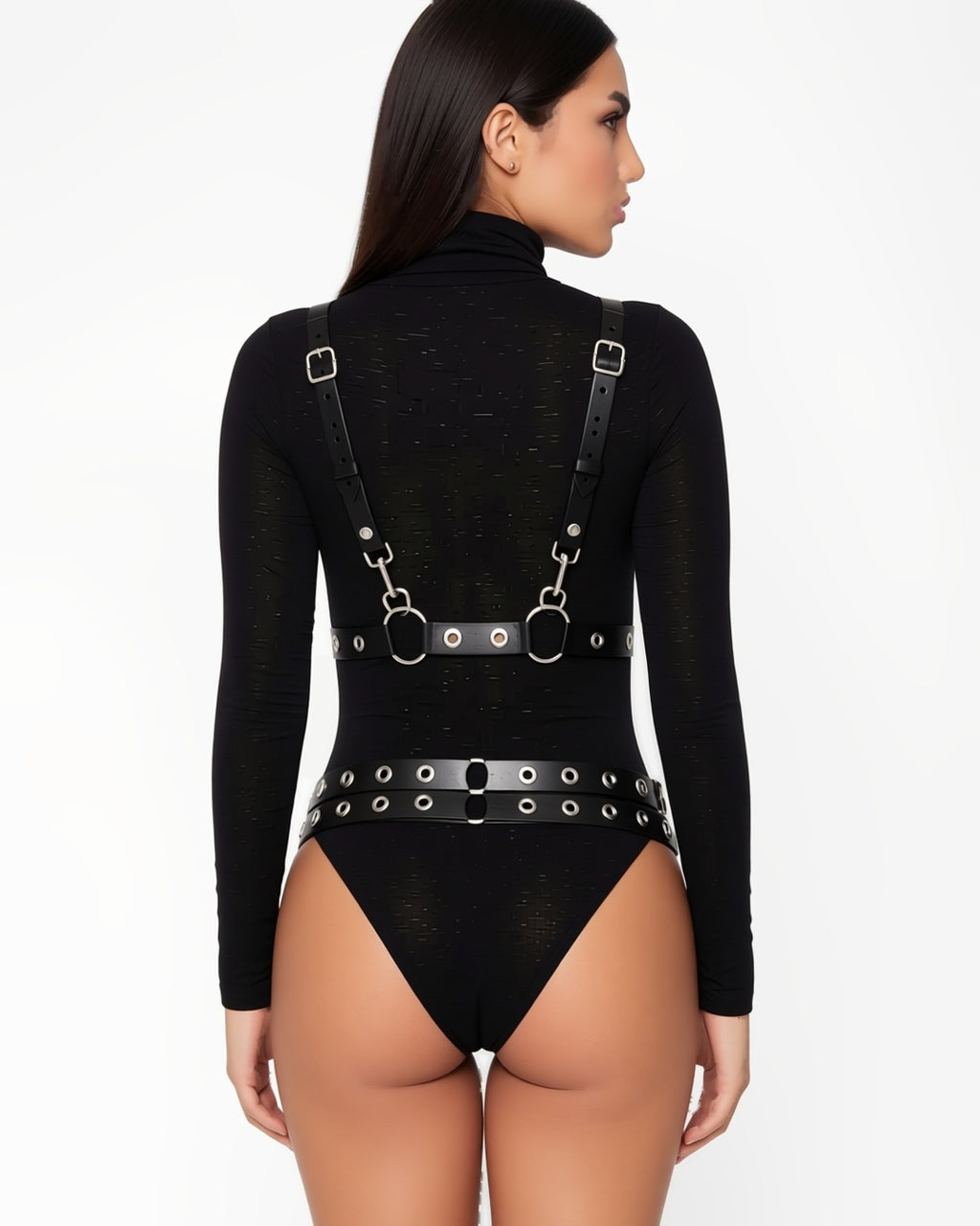 Multi-Layer Faux Leather Waist Cinch with Rivet Rings, back view on model Dana (EUP-W09). The black bodysuit is styling only and not included. onmodel