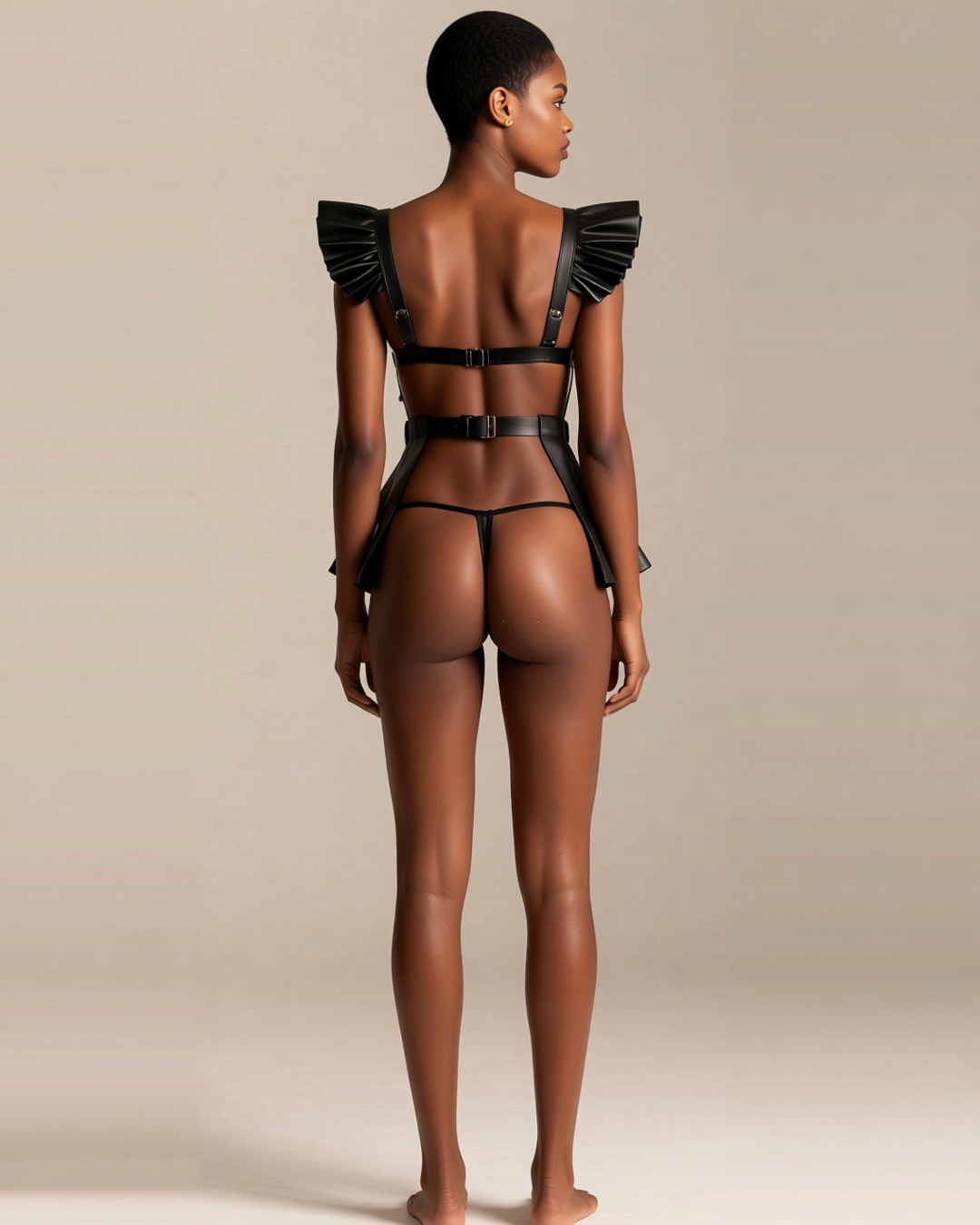 Faux Leather Harness Belt Skirt with Ruffle Hem in Black, back view on model Amira (EUP-W03). Pieces other than the harness are styling only.