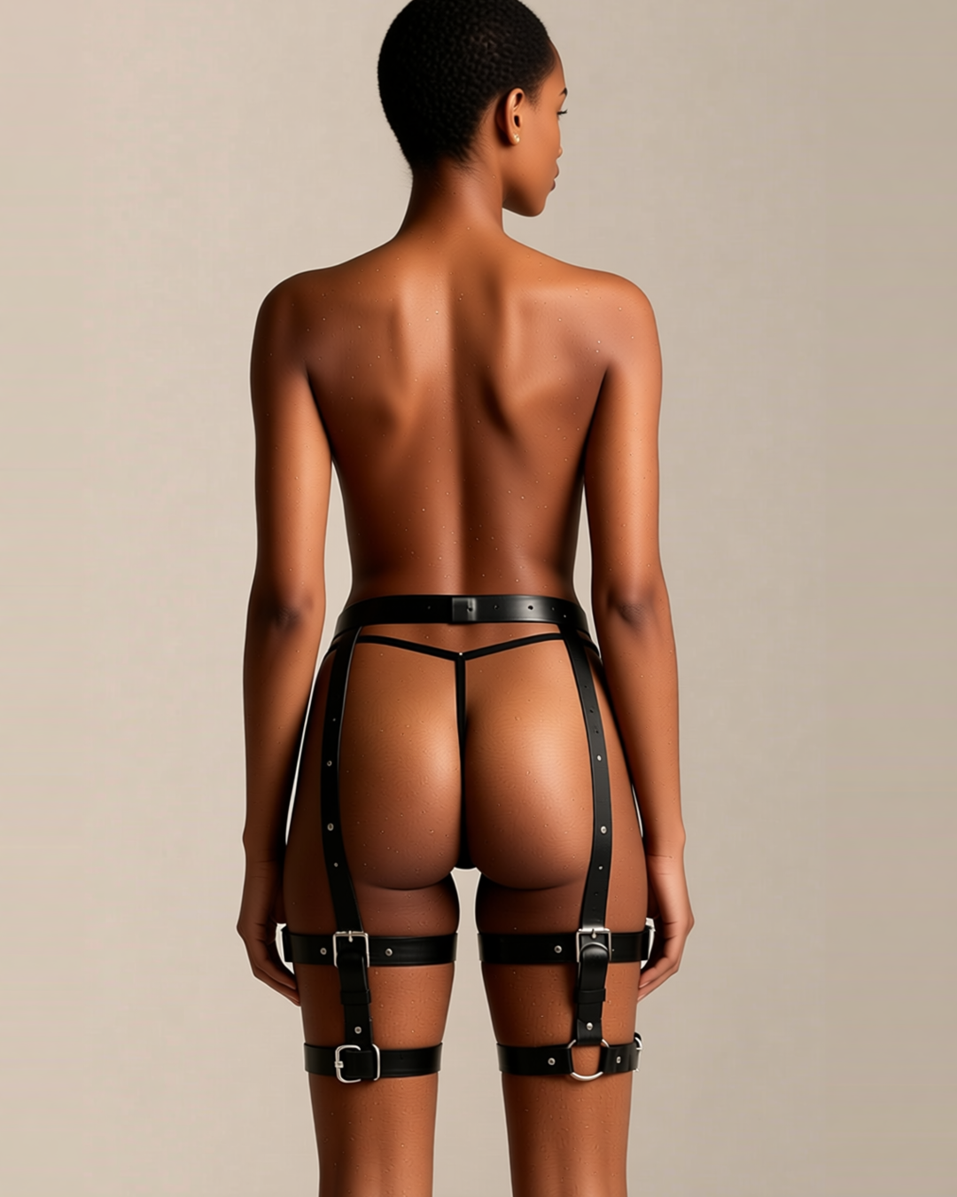 Faux Leather Thigh Harness Cage, back view on model Amira (EUP-W03). Pieces other than the harness are styling only.