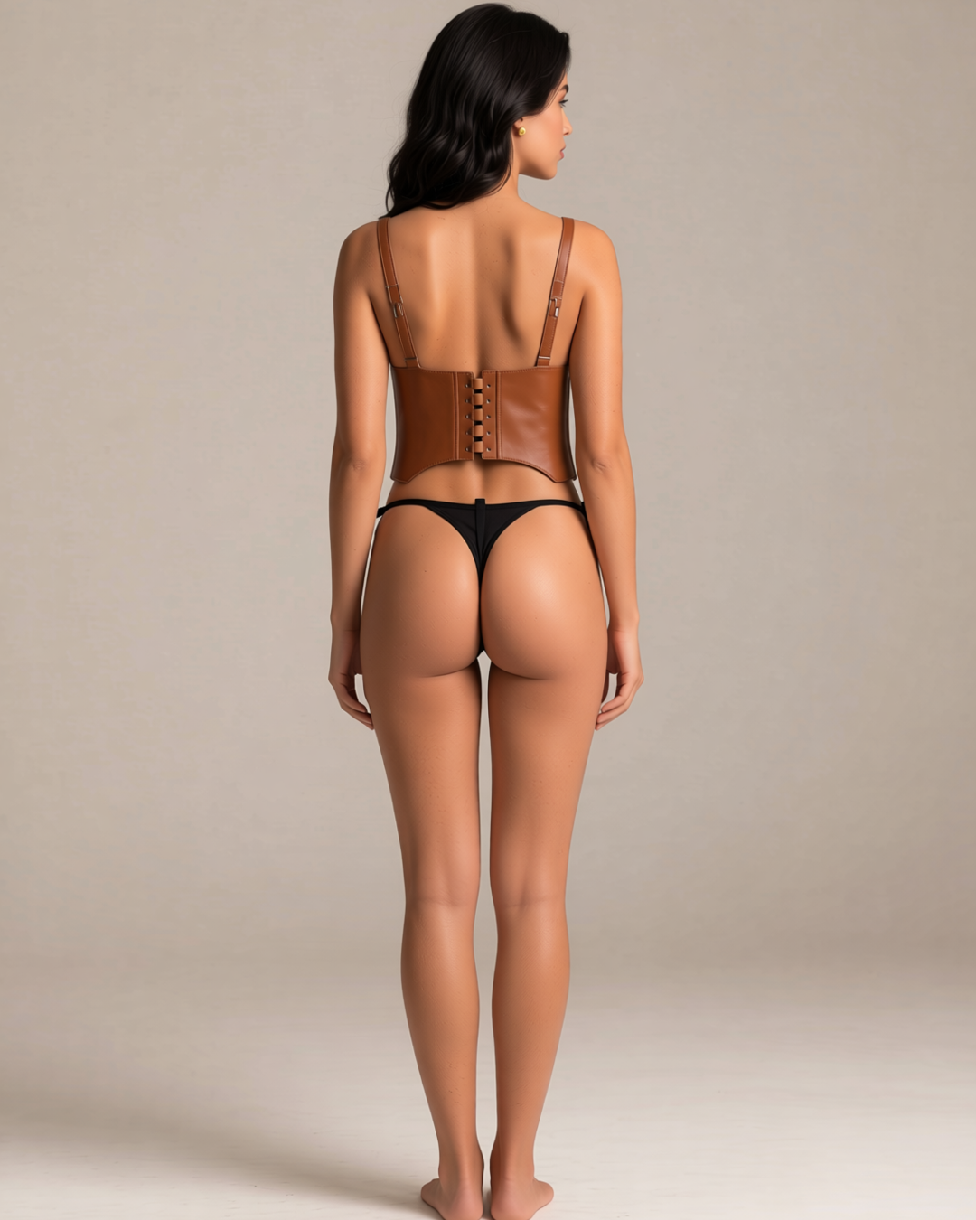 Lace-Up Faux Leather Waspie with Chest Harness in Light Brown, back view on model Salma (EUP-W02). Pieces other than the waspie are styling only.