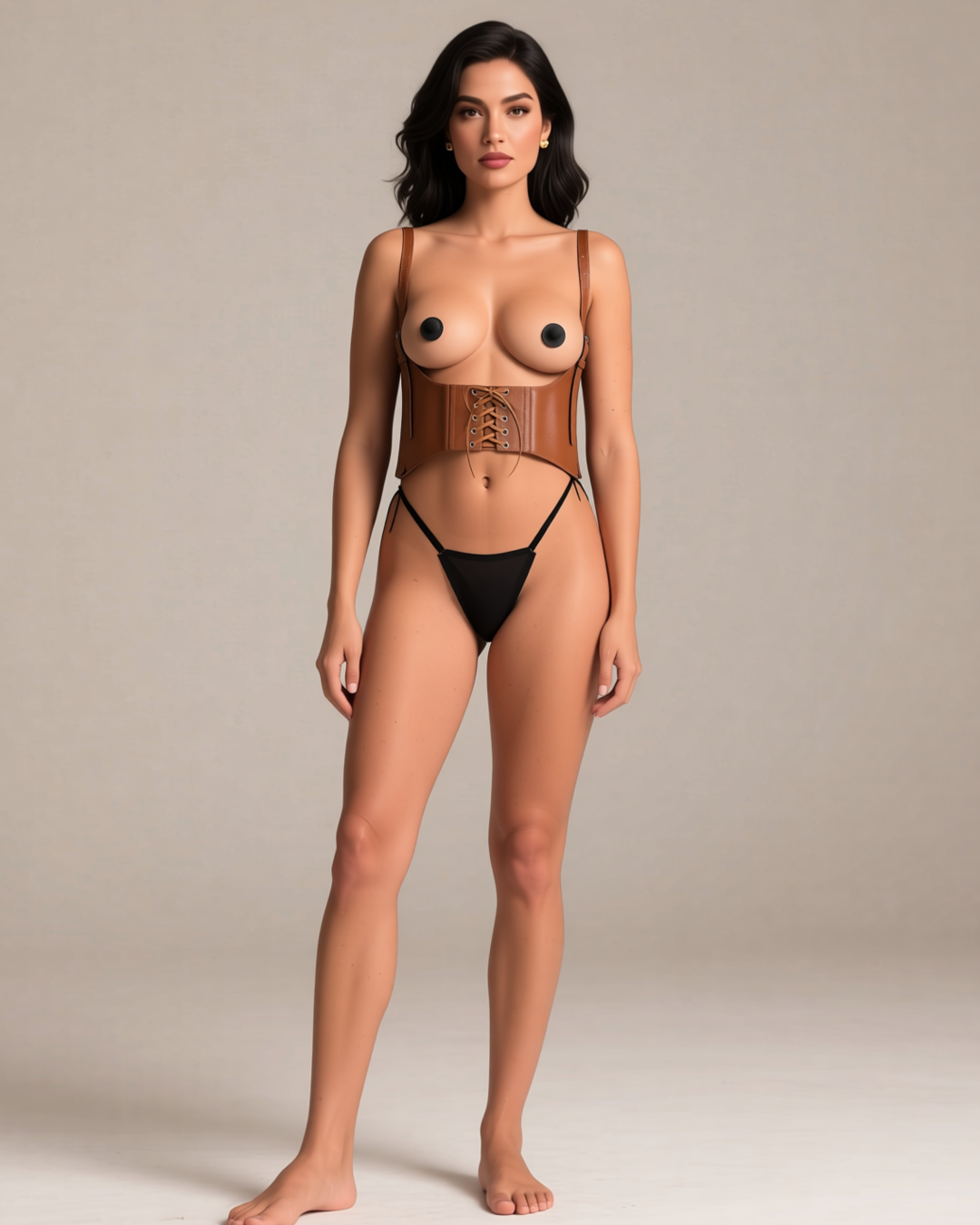 Lace-Up Faux Leather Waspie with Chest Harness in Light Brown, front view on model Salma (EUP-W02). Pieces other than the waspie are styling only.