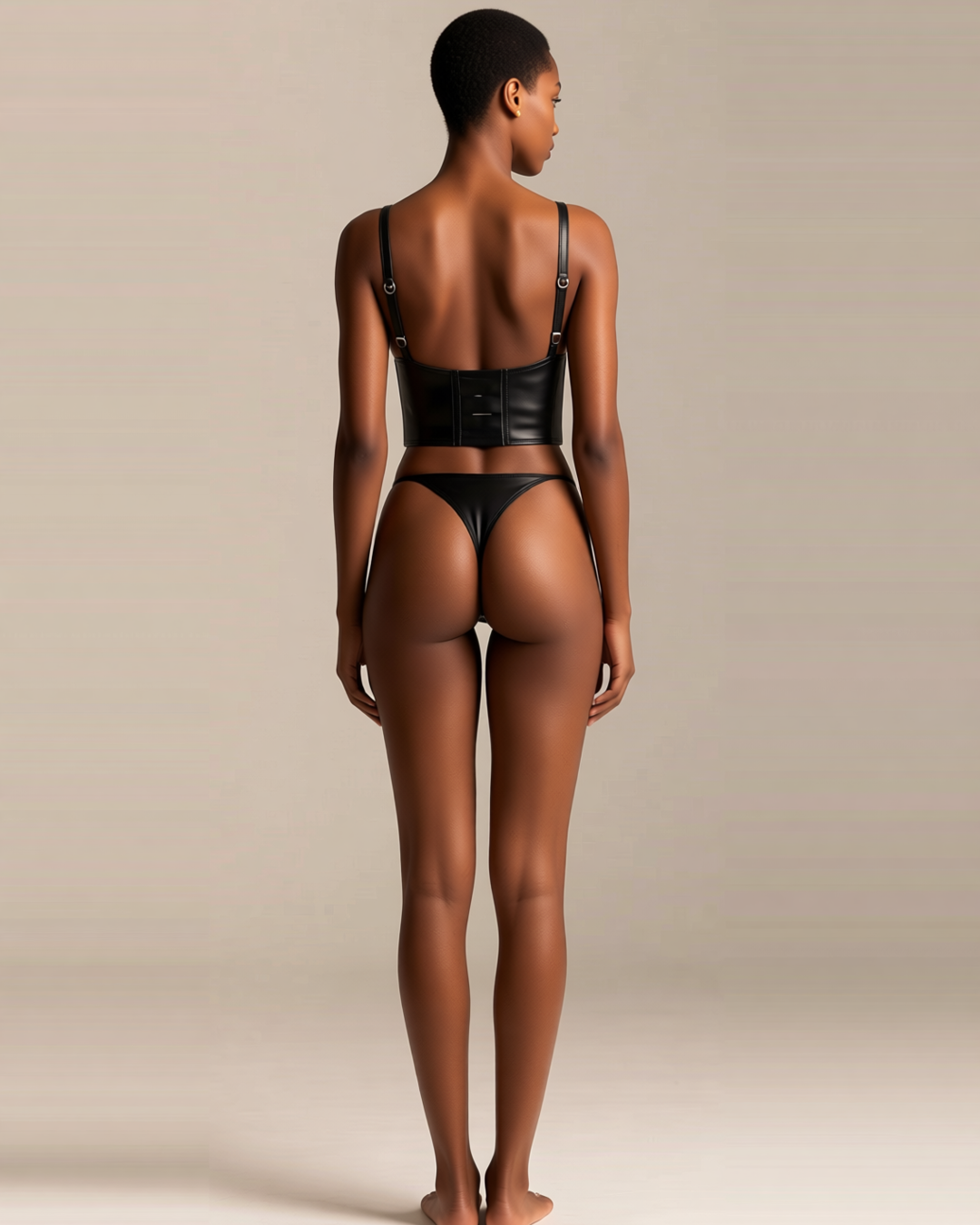 Lace-Up Faux Leather Waspie with Chest Harness in Black, back view on model Amira (EUP-W03). Pieces other than the waspie are styling only.