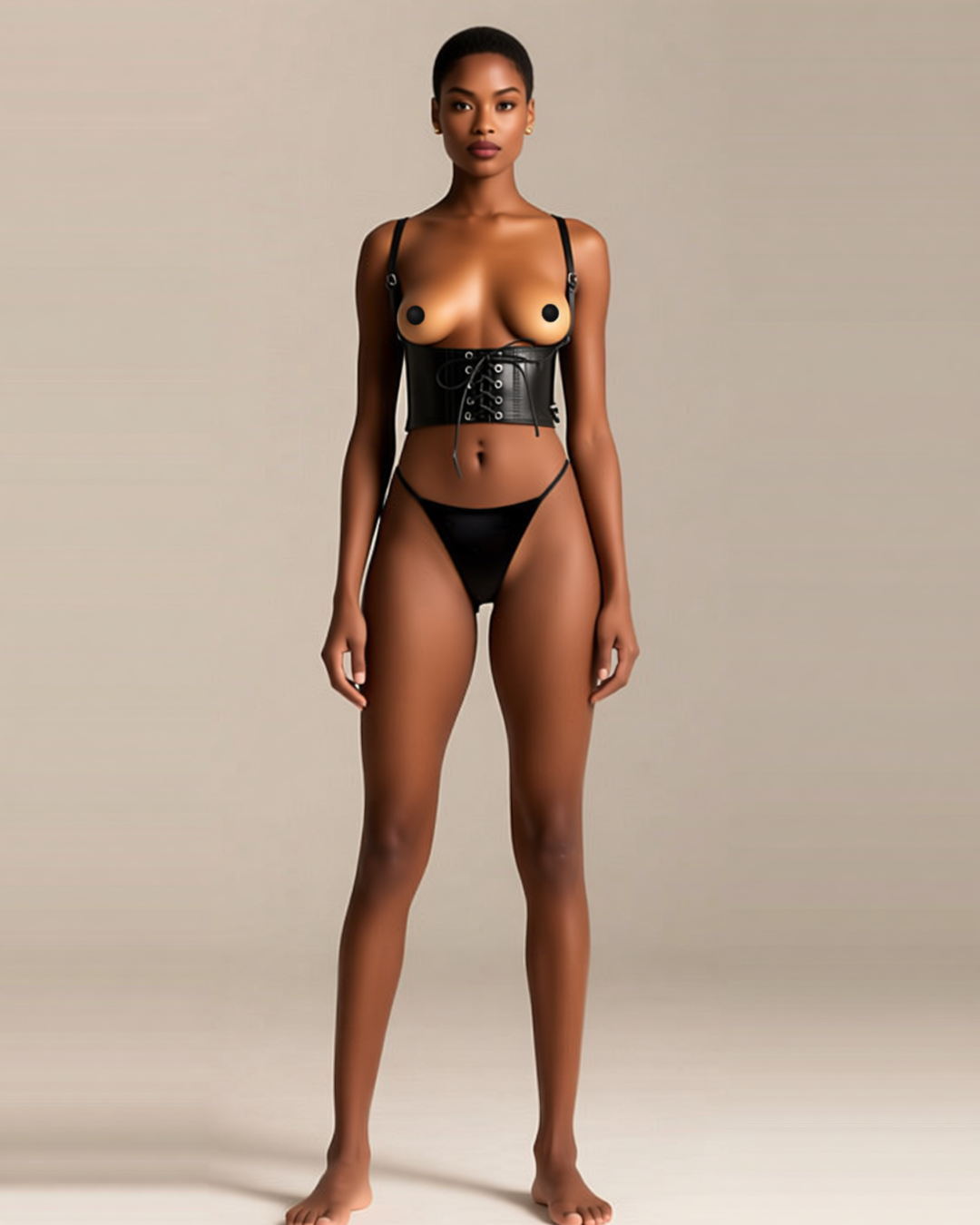 Lace-Up Faux Leather Waspie with Chest Harness in Black, front view on model Amira (EUP-W03). Pieces other than the waspie are styling only.