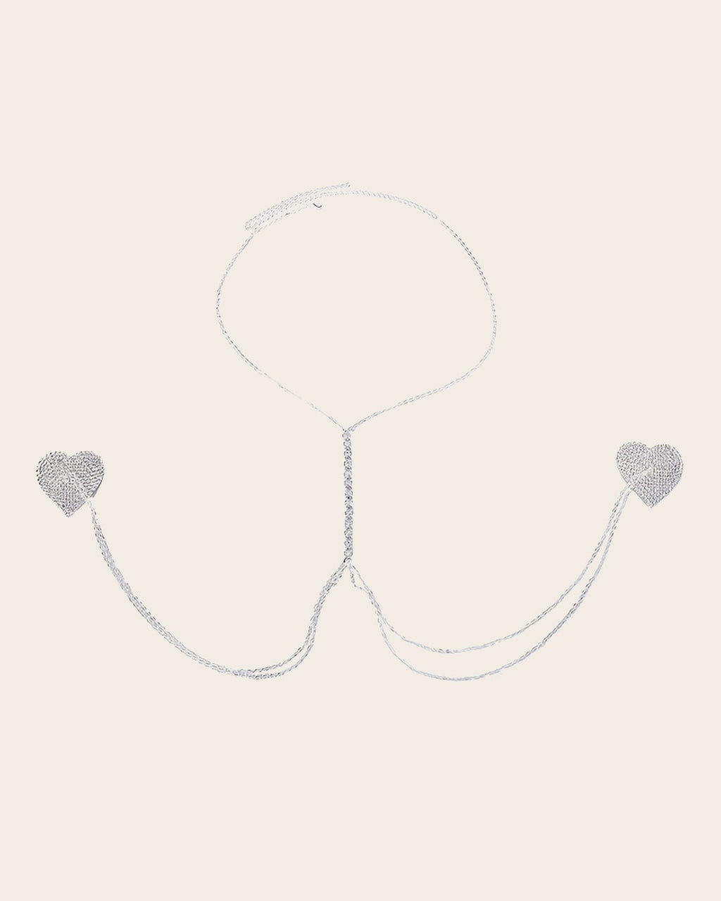 Rhinestone Heart Body Chain in Silver laid flat to show the full piece.