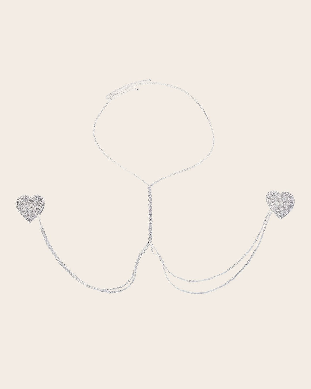 Rhinestone Heart Body Chain in Silver laid flat to show the full piece.