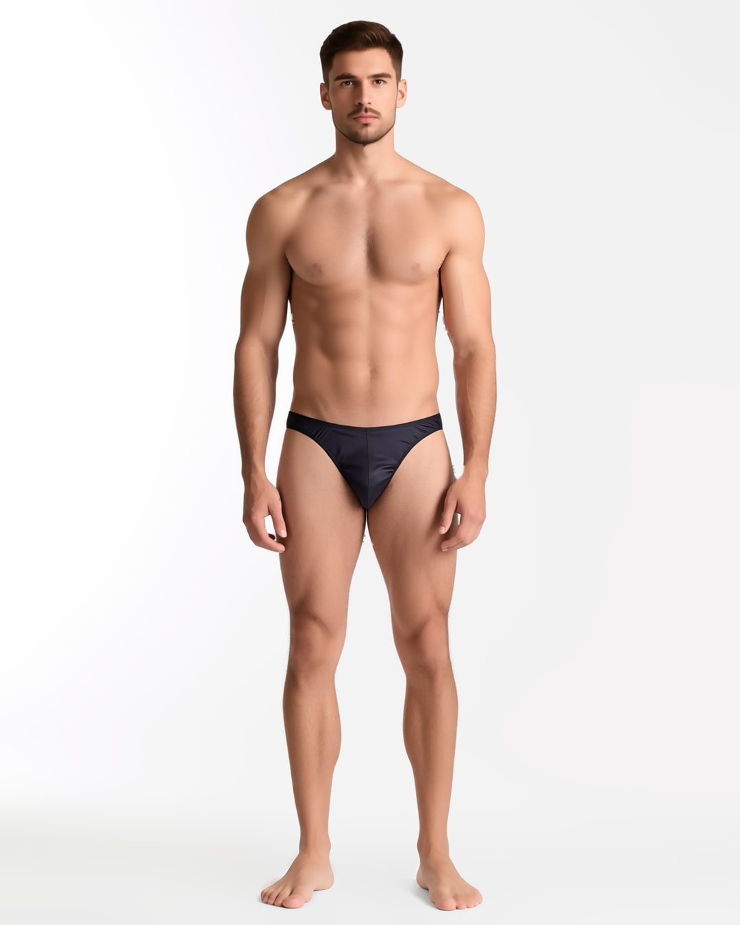 Men's Sheer Low-Rise Briefs in Black, front view on model Karim (EUP-M01). onmodel