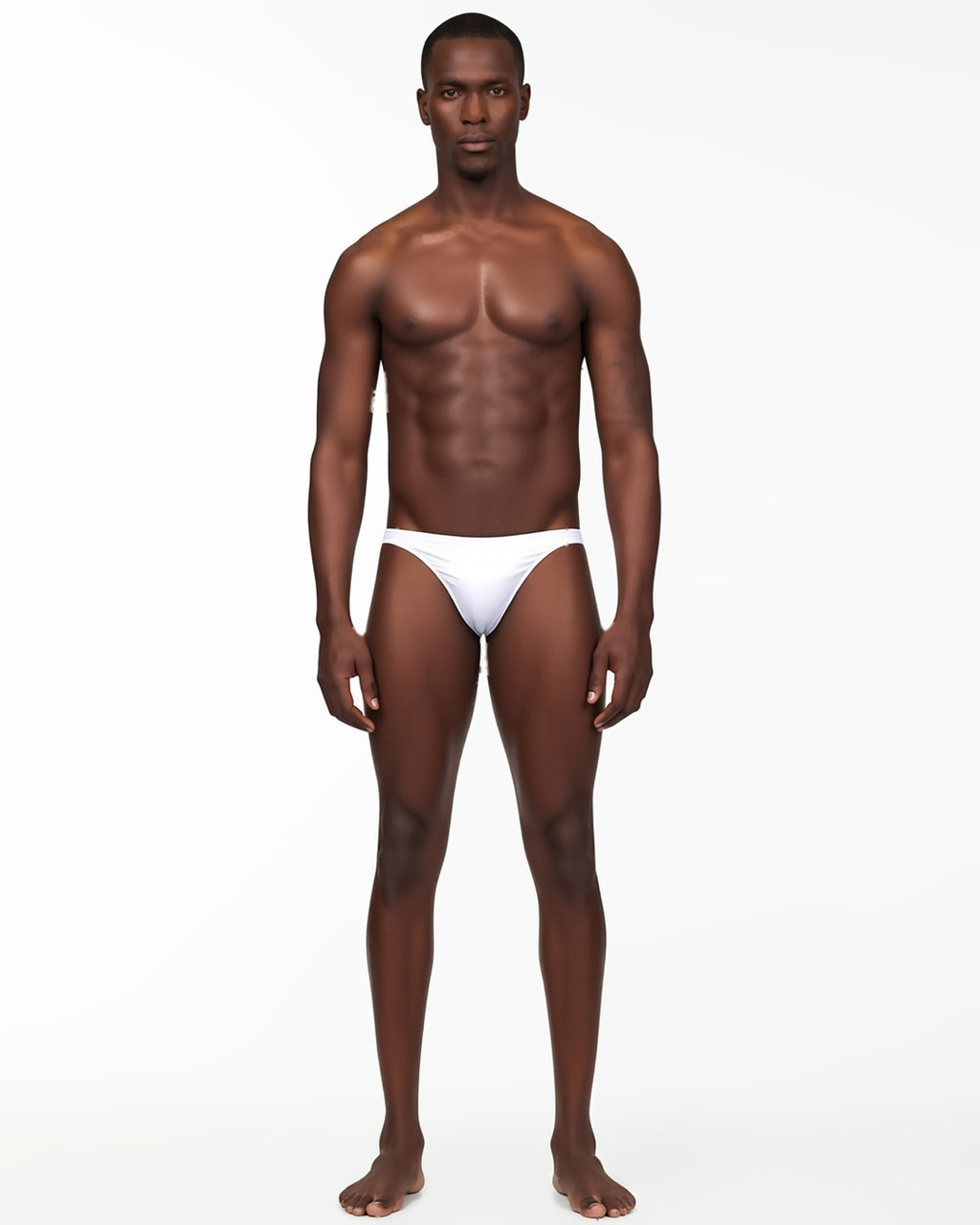 Men's Sheer Low-Rise Briefs in White, front view on model Tarek (EUP-M03). onmodel