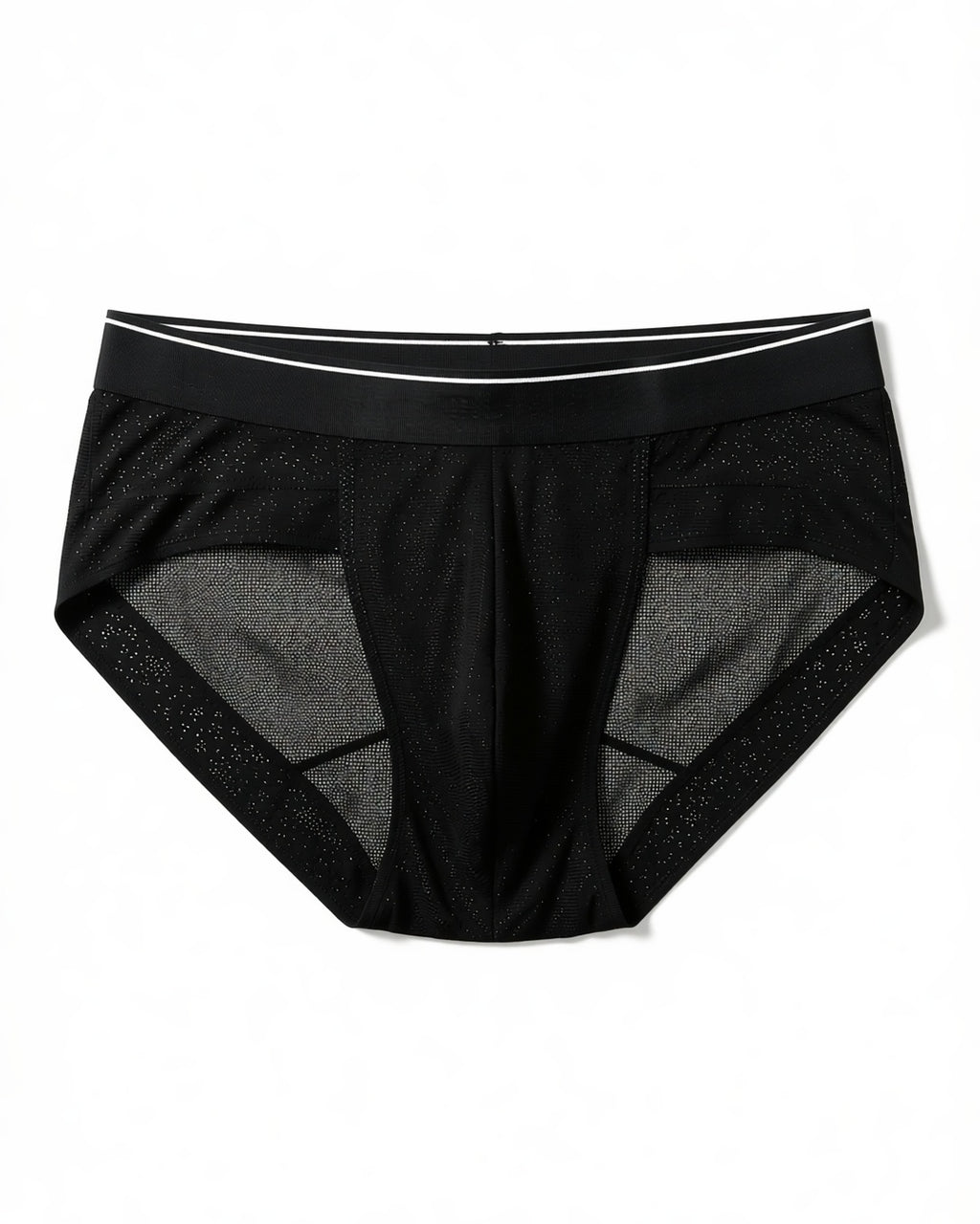 Men's Ultra-Thin Mesh Pouch Briefs in Black, laid flat to show the full piece.
