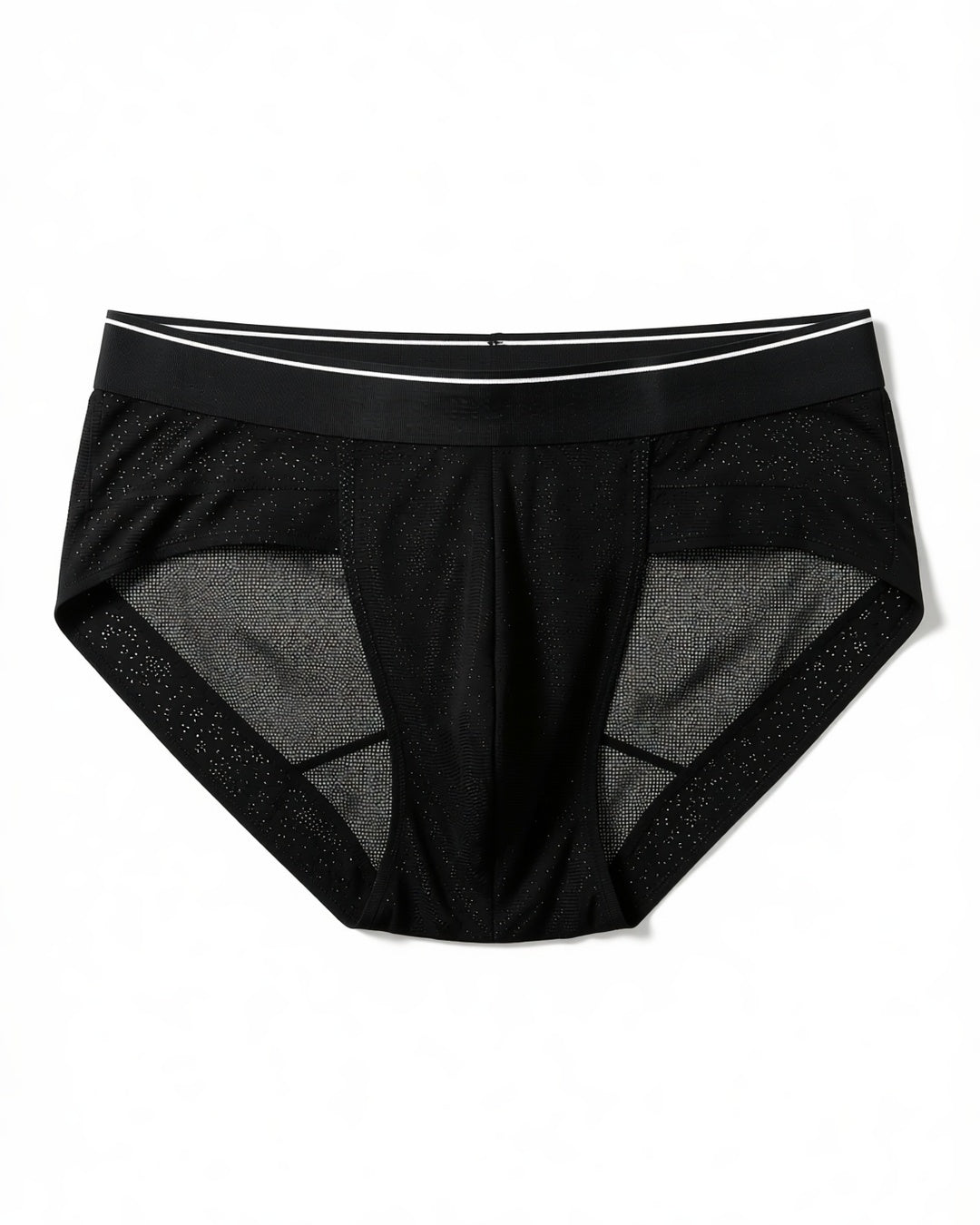 Men's Ultra-Thin Mesh Pouch Briefs in Black, laid flat to show the full piece.