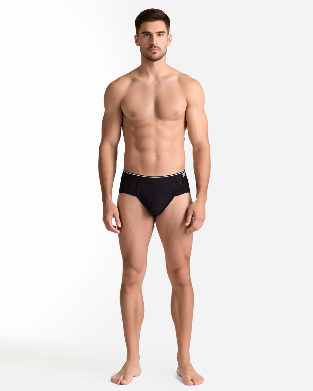 Men's Ultra-Thin Mesh Pouch Briefs in Black, front view on model Karim (EUP-M01). onmodel
