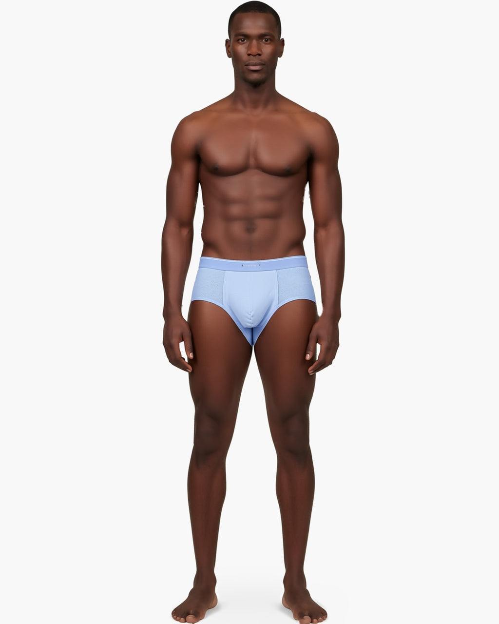 Men's Ultra-Thin Mesh Pouch Briefs in Blue, front view on model Tarek (EUP-M03). onmodel