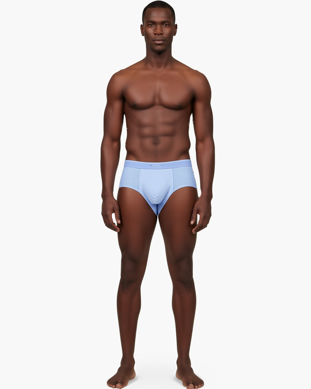 Men's Ultra-Thin Mesh Pouch Briefs in Blue, front view on model Tarek (EUP-M03). onmodel