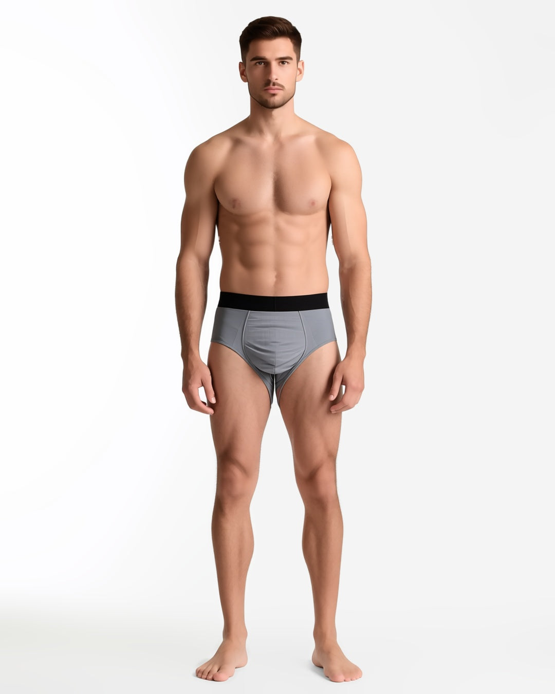 Men's Ultra-Thin Low-Rise Briefs with 3D Pouch in Grey, front view on model Karim (EUP-M01). onmodel