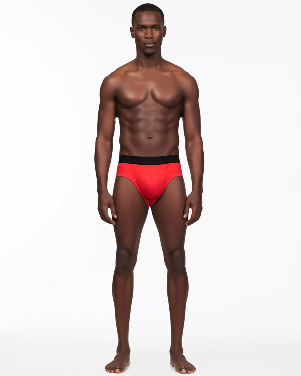 Men's Ultra-Thin Low-Rise Briefs with 3D Pouch in Red, front view on model Tarek (EUP-M03). onmodel