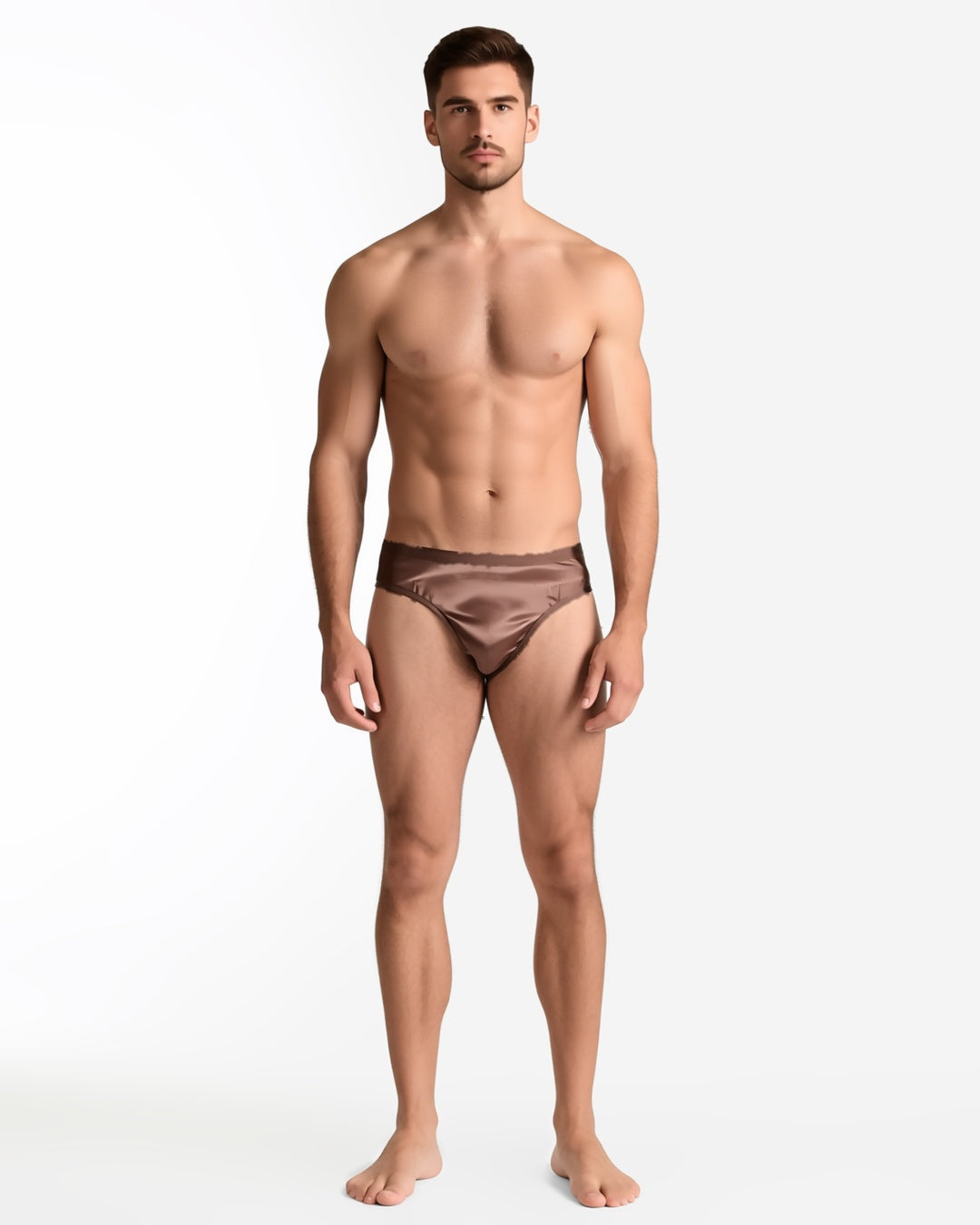 Men's Seamless Low-Rise Briefs, 3-Pack in Coffee Brown, front view on model Karim (EUP-M01). onmodel