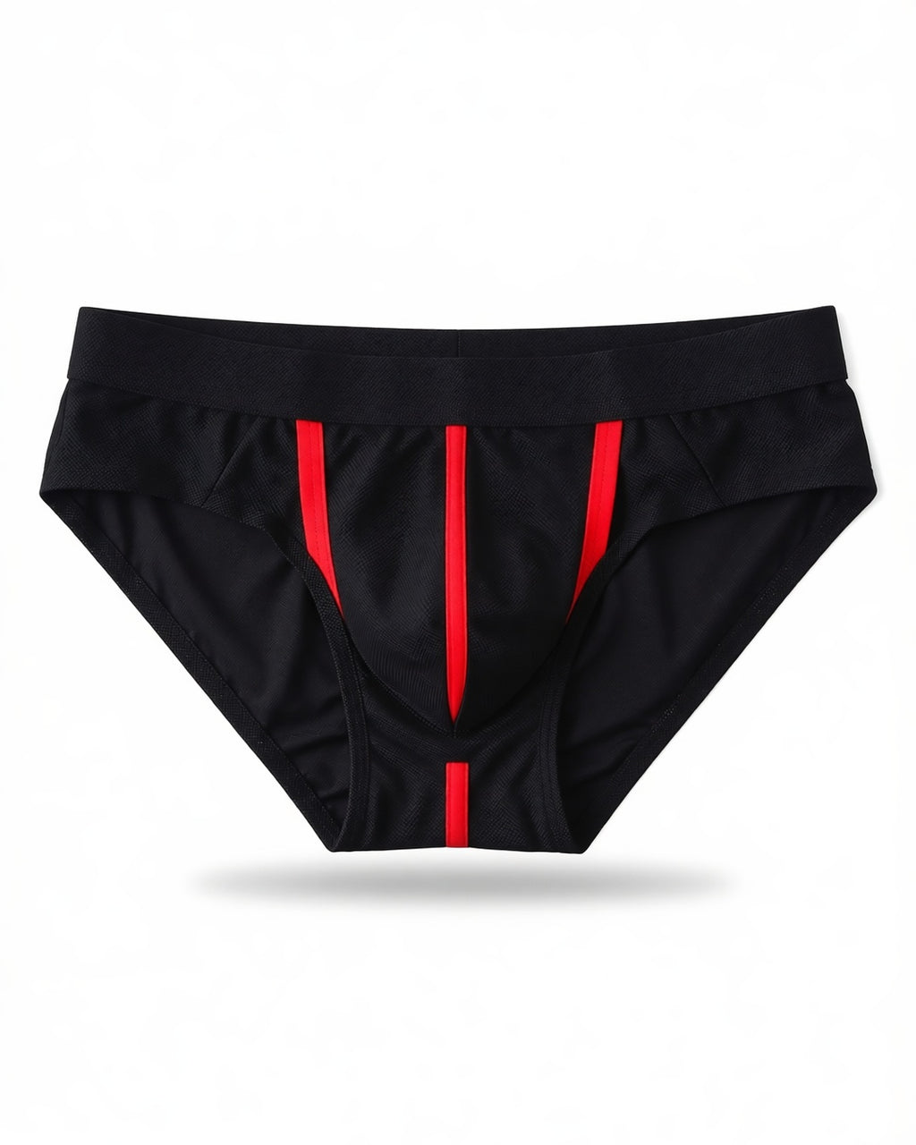 Men's Front-Opening Low-Rise Briefs in Black, laid flat to show the full piece.