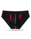 Men's Front-Opening Low-Rise Briefs in Black, laid flat to show the full piece.