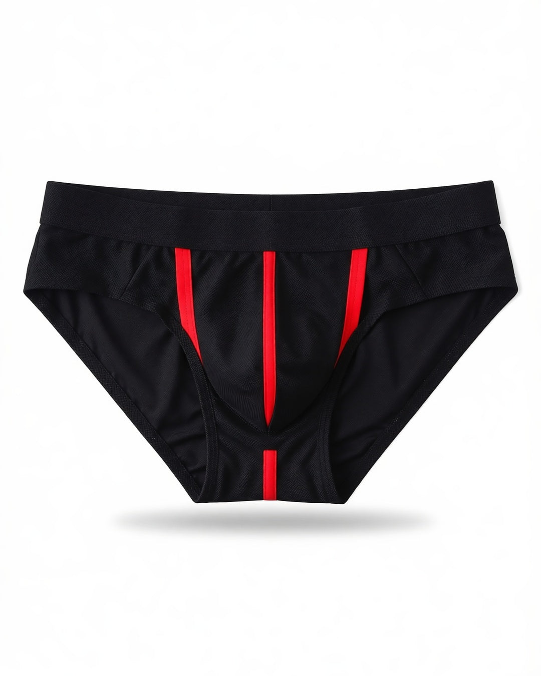 Men's Front-Opening Low-Rise Briefs in Black, laid flat to show the full piece.