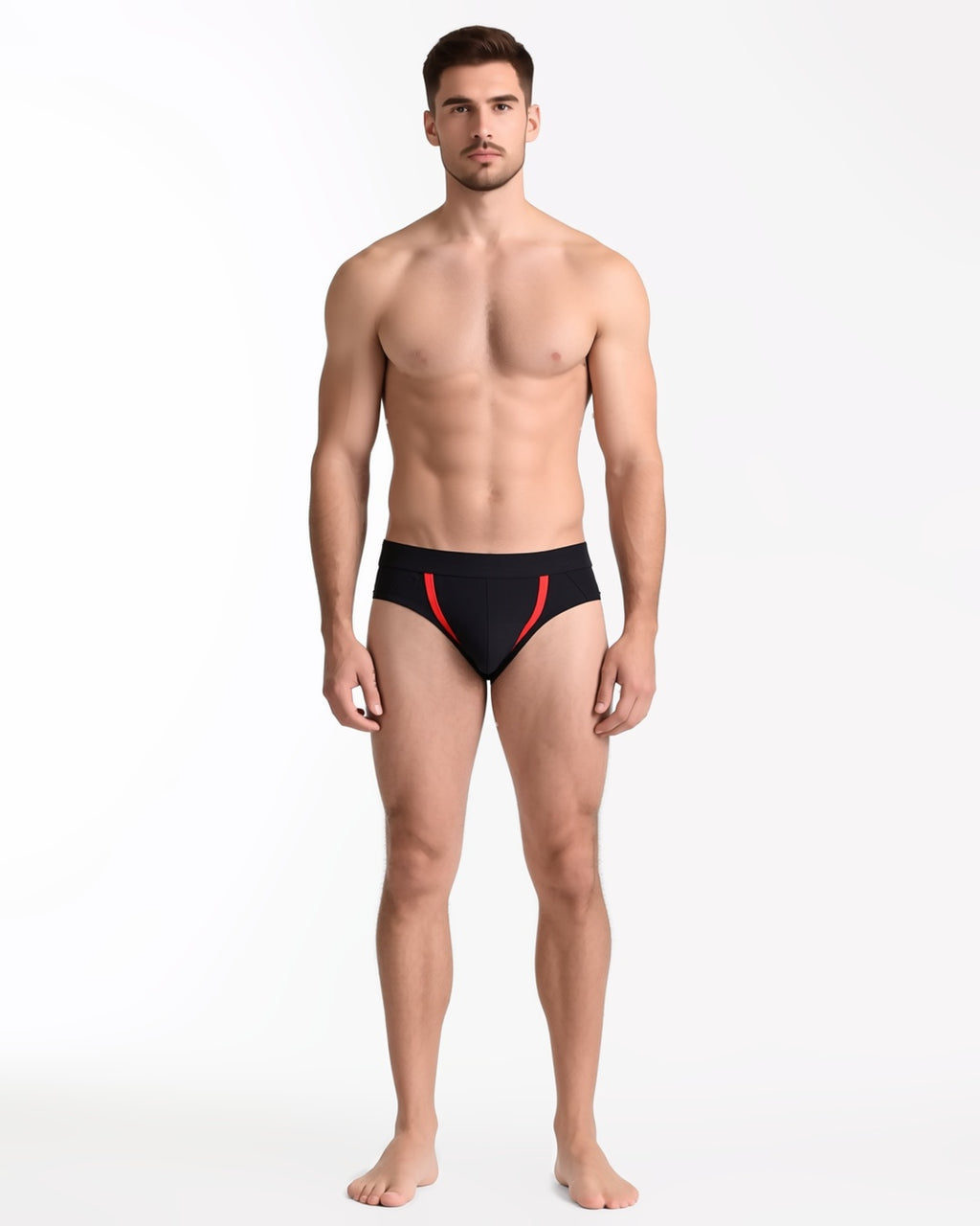 Men's Front-Opening Low-Rise Briefs in Black With Red Piping, front view on model Karim (EUP-M01). onmodel