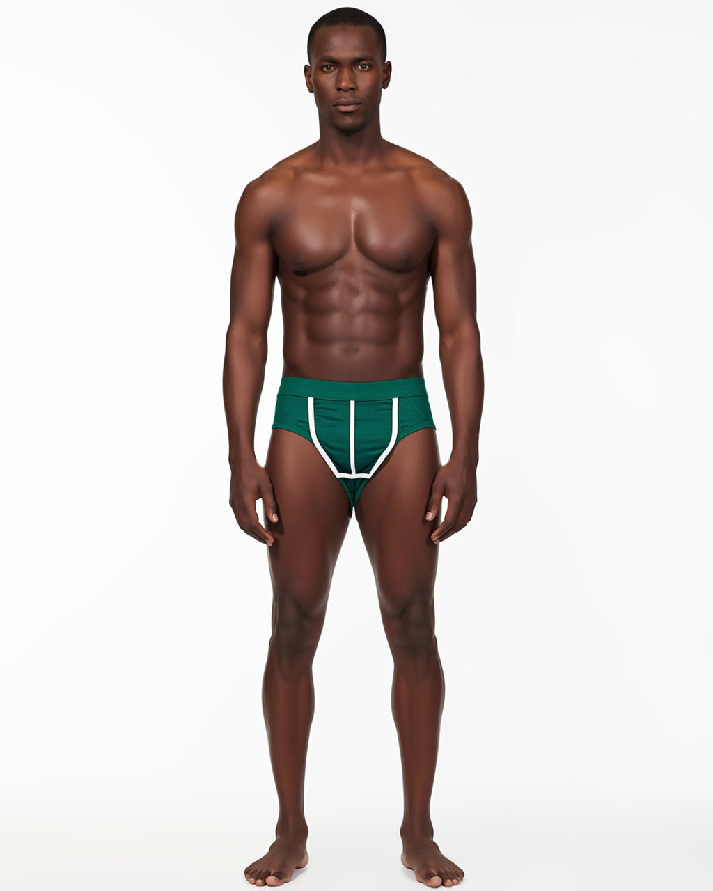 Men's Front-Opening Low-Rise Briefs in Dark Green With White Piping, front view on model Tarek (EUP-M03). onmodel