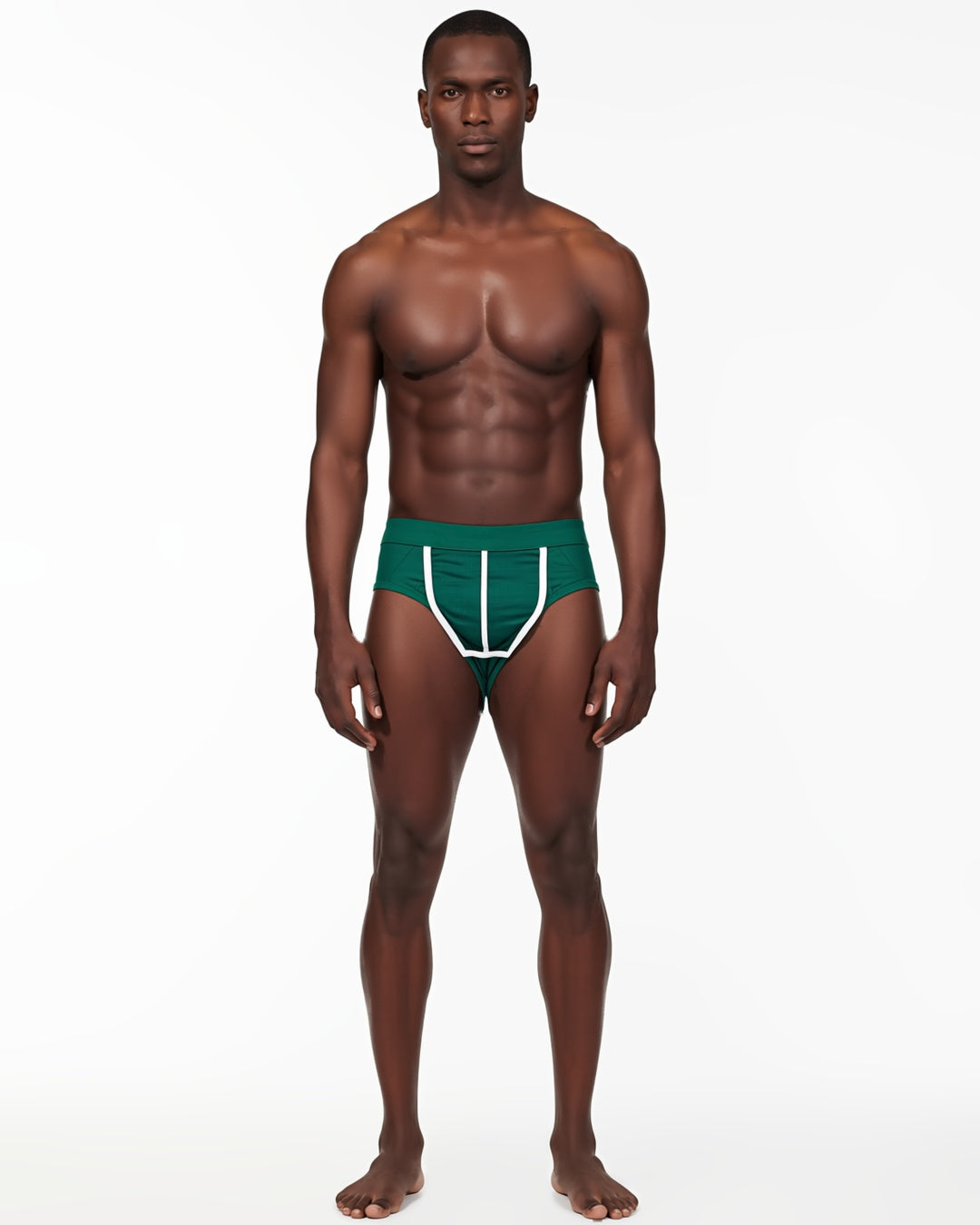 Men's Front-Opening Low-Rise Briefs in Dark Green With White Piping, front view on model Tarek (EUP-M03). onmodel