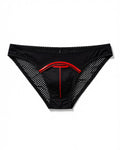 Men's Low-Rise U-Pouch Mesh Briefs in Black, laid flat to show the full piece.