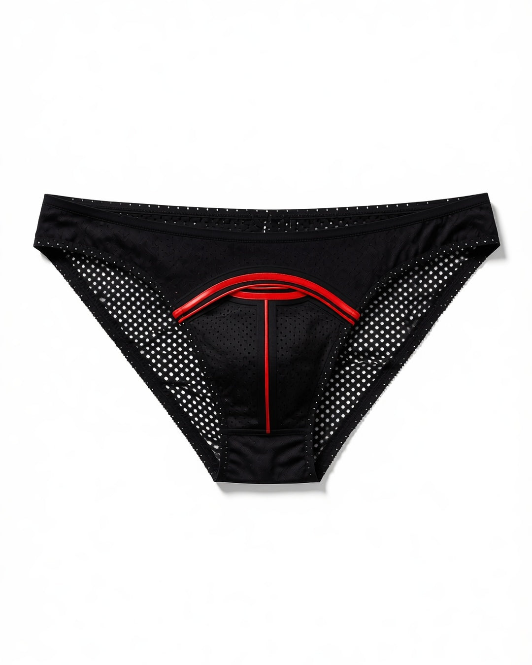 Men's Low-Rise U-Pouch Mesh Briefs in Black, laid flat to show the full piece.
