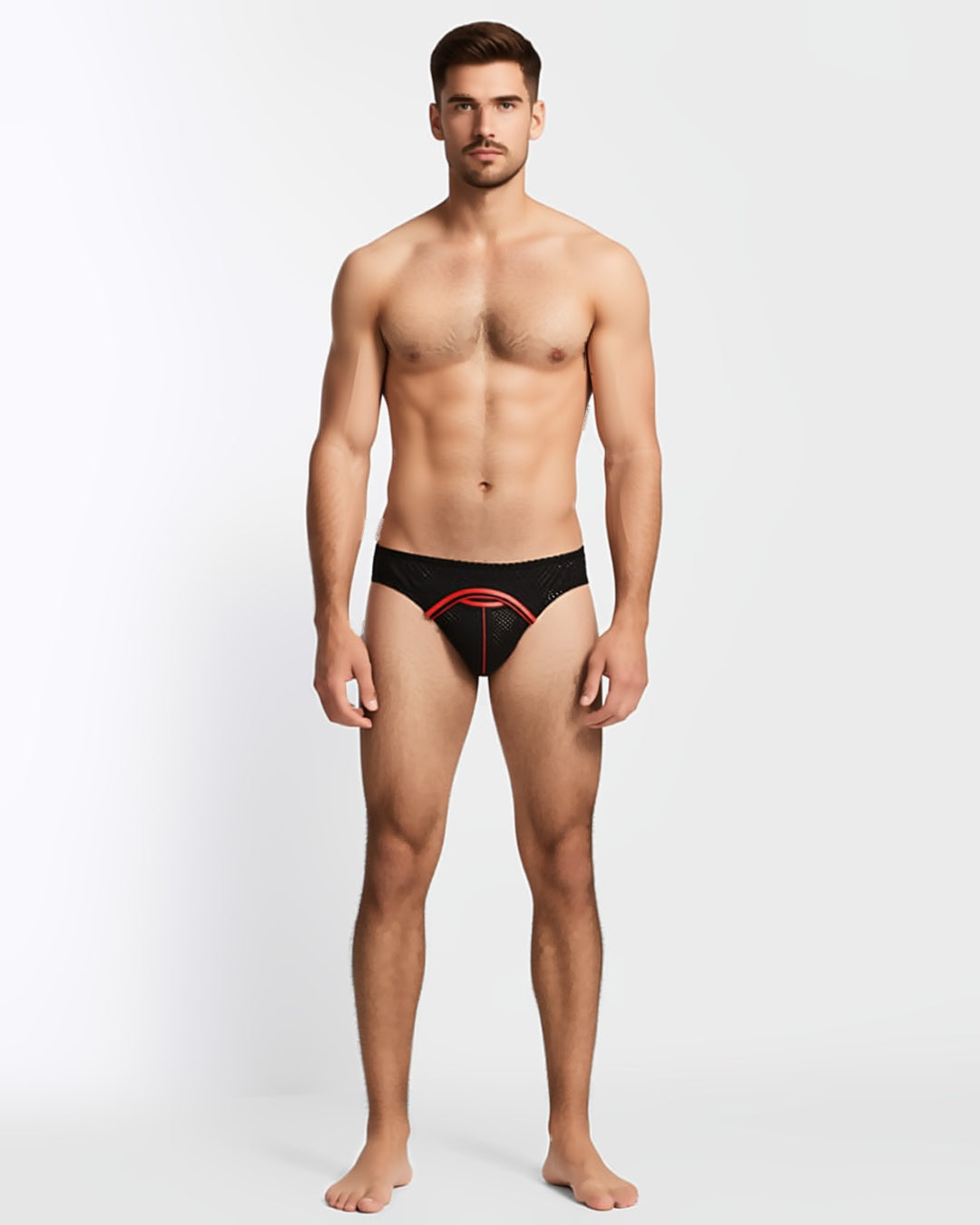 Men's Low-Rise U-Pouch Mesh Briefs in Black, front view on model Karim (EUP-M01). onmodel