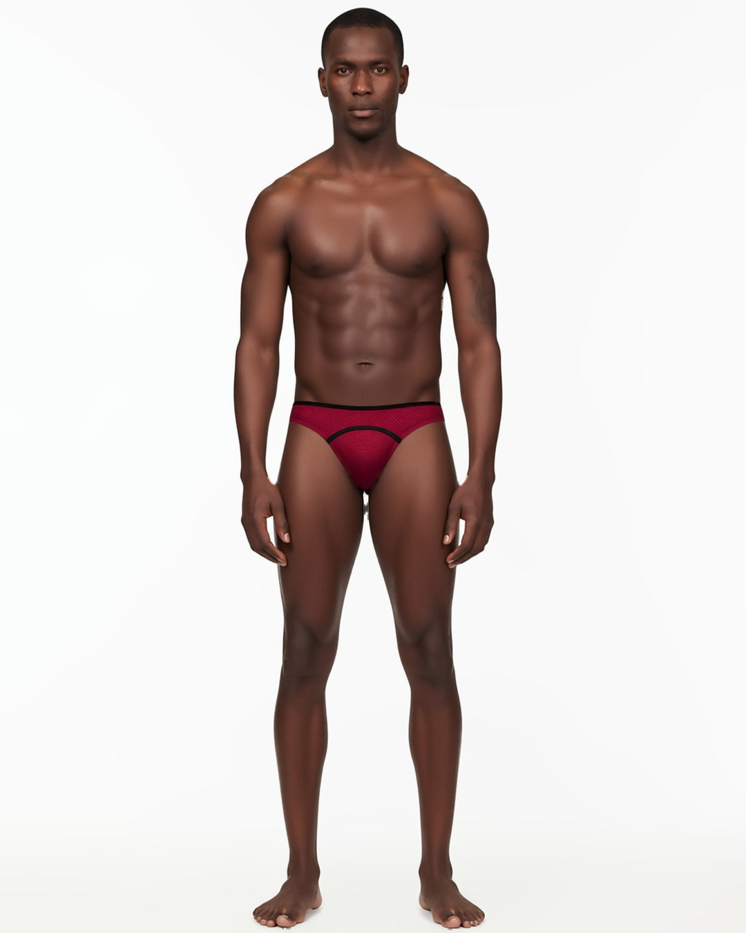 Men's Low-Rise U-Pouch Mesh Briefs in Burgundy, front view on model Tarek (EUP-M03). onmodel