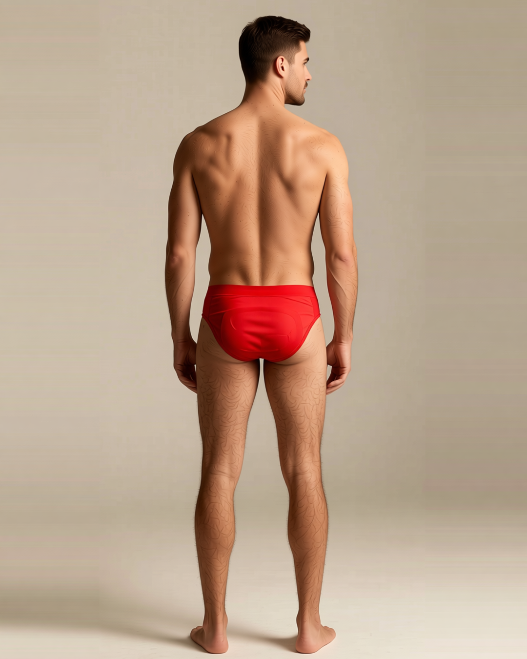 Men's Ice Silk Low-Waist Briefs in Red, back view on model Karim (EUP-M01).