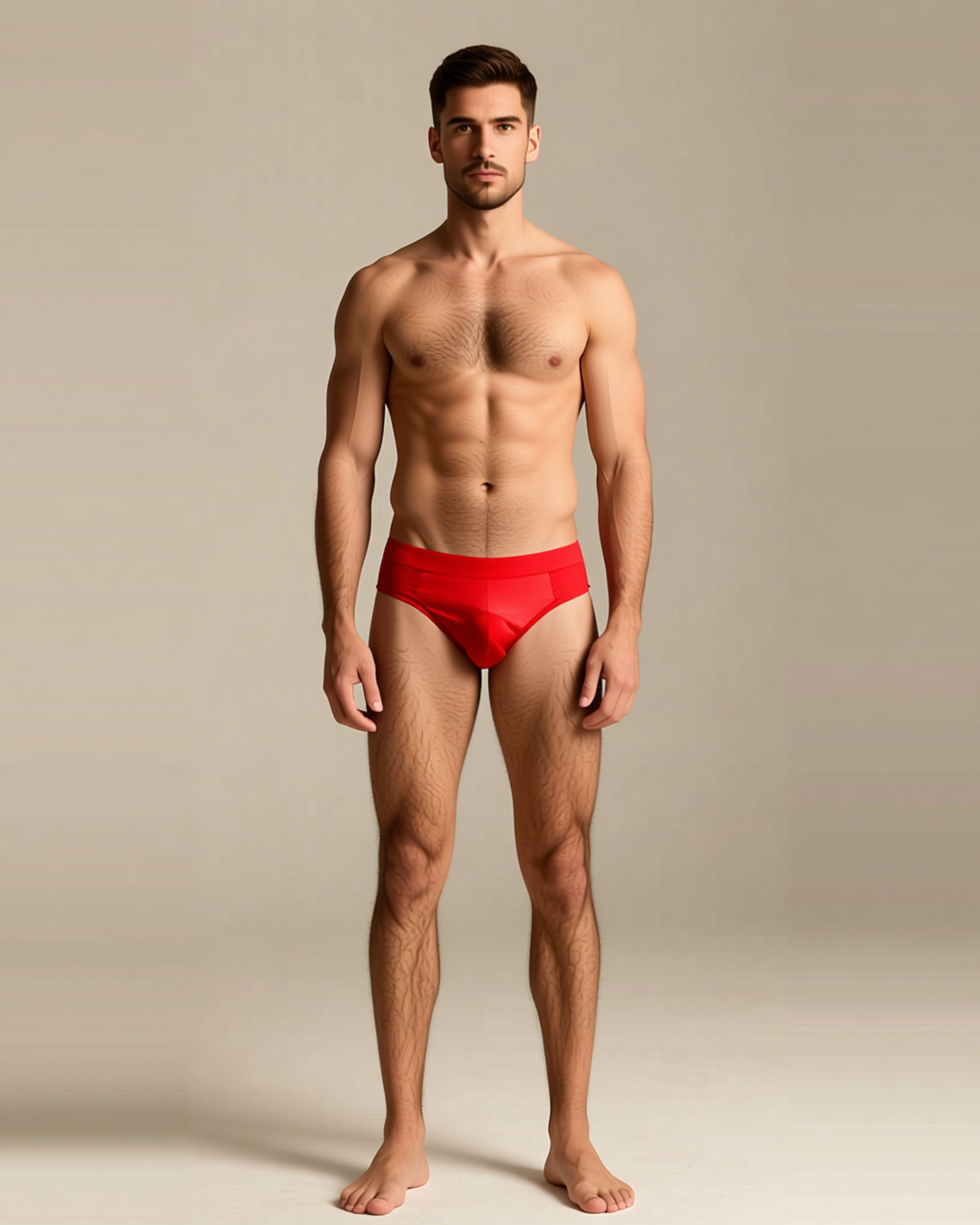 Men's Ice Silk Low-Waist Briefs in Red, front view on model Karim (EUP-M01).