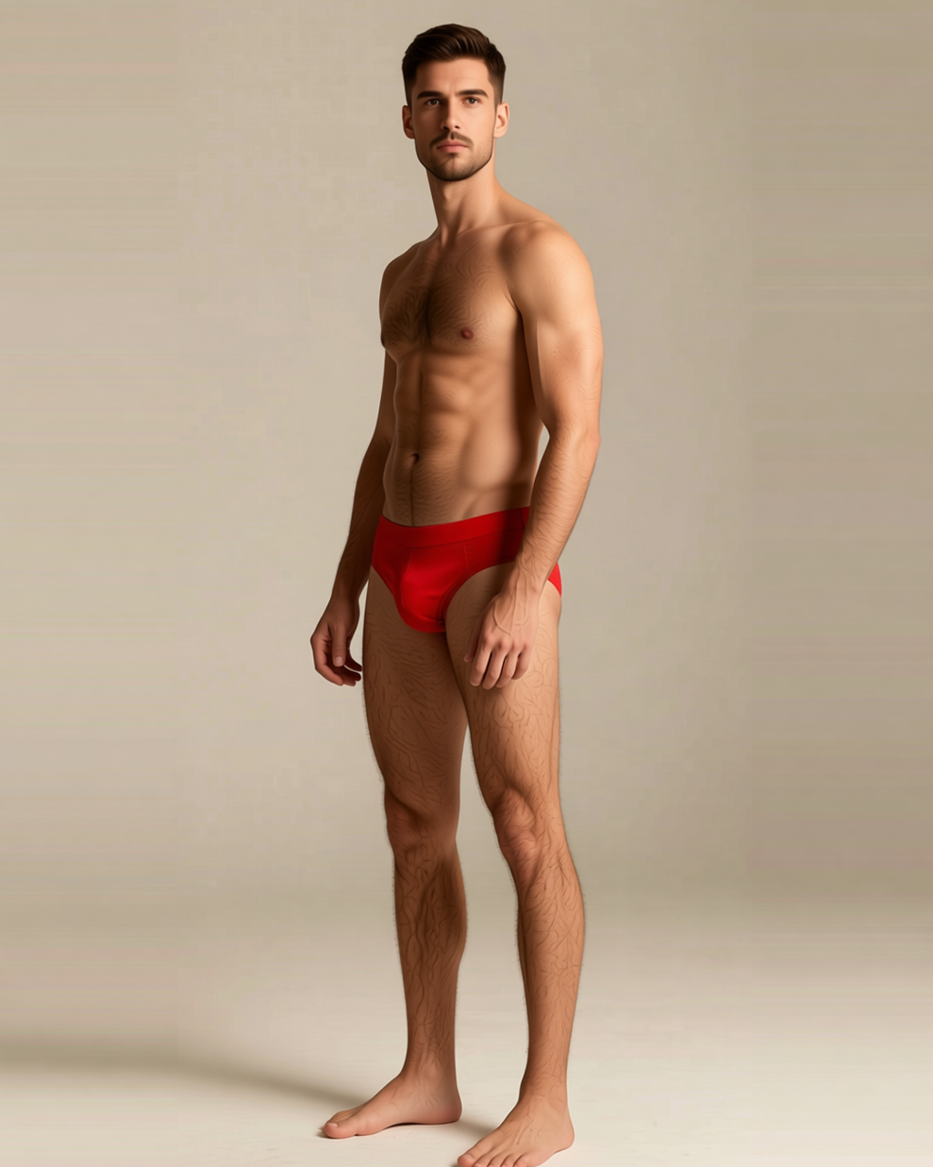 Men's Ice Silk Low-Waist Briefs in Red, three-quarter view on model Karim (EUP-M01).