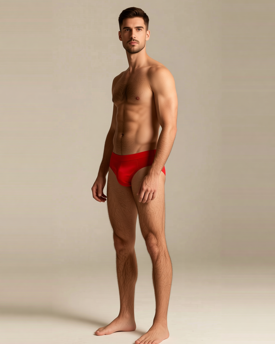 Men's Ice Silk Low-Waist Briefs in Red, three-quarter view on model Karim (EUP-M01).