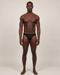Men's Ice Silk Low-Waist Briefs in Black, front view on model Tarek (EUP-M03).