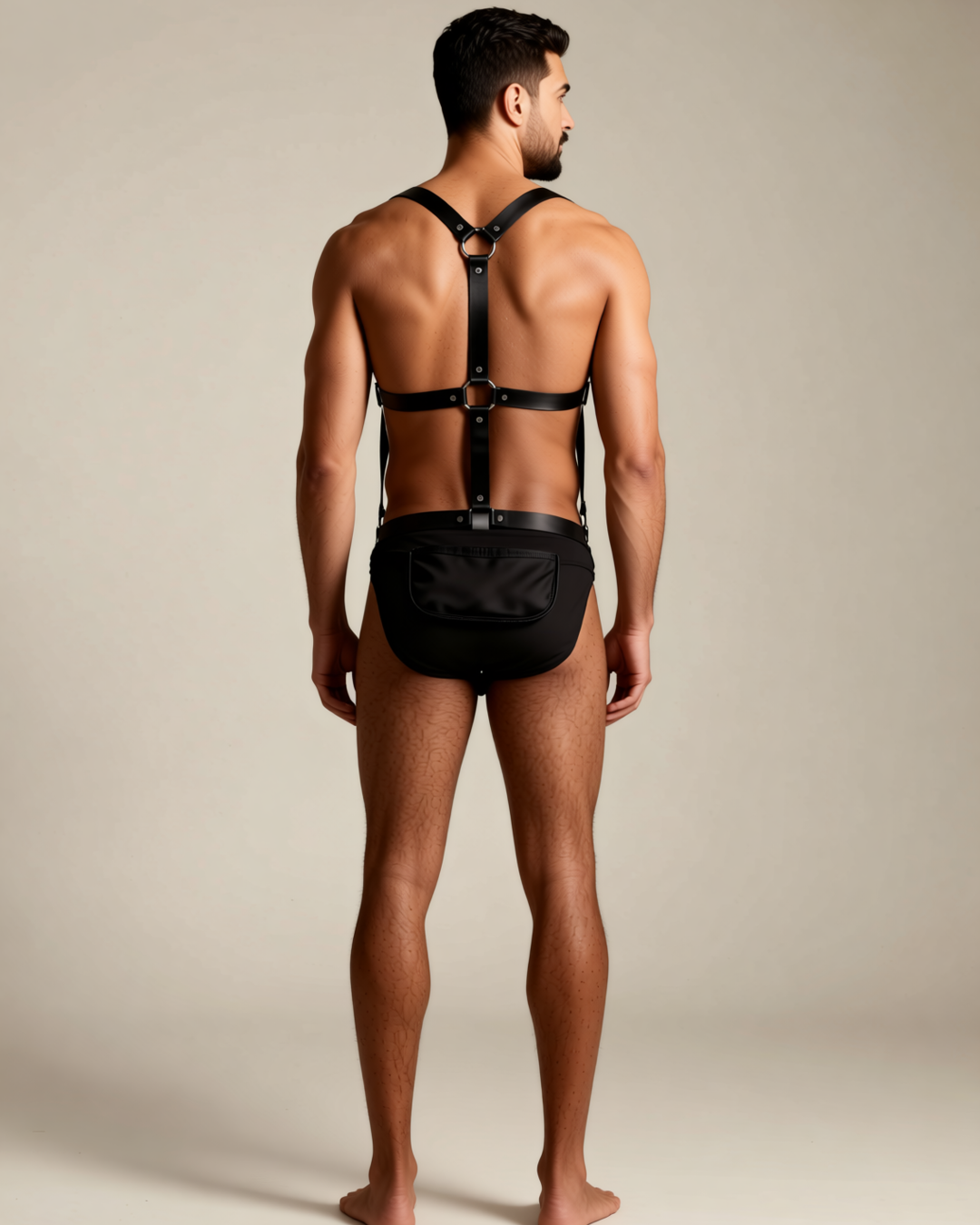 Men's Faux Leather Chest Harness, back view on model Karim (EUP-M01). Pieces other than the harness are styling only.