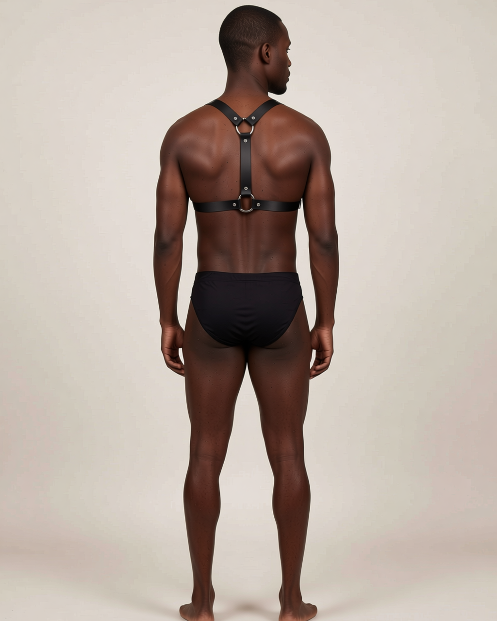 Men's Faux Leather Chest Harness, back view on model Tarek (EUP-M03). Pieces other than the harness are styling only.