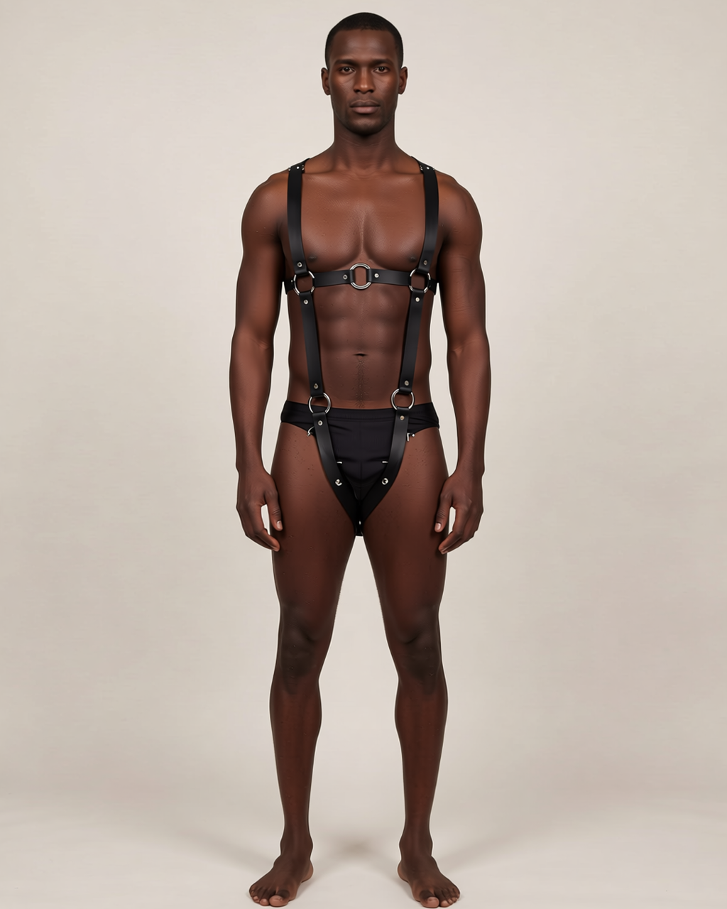 Men's Faux Leather Chest Harness, front view on model Tarek (EUP-M03). Pieces other than the harness are styling only.
