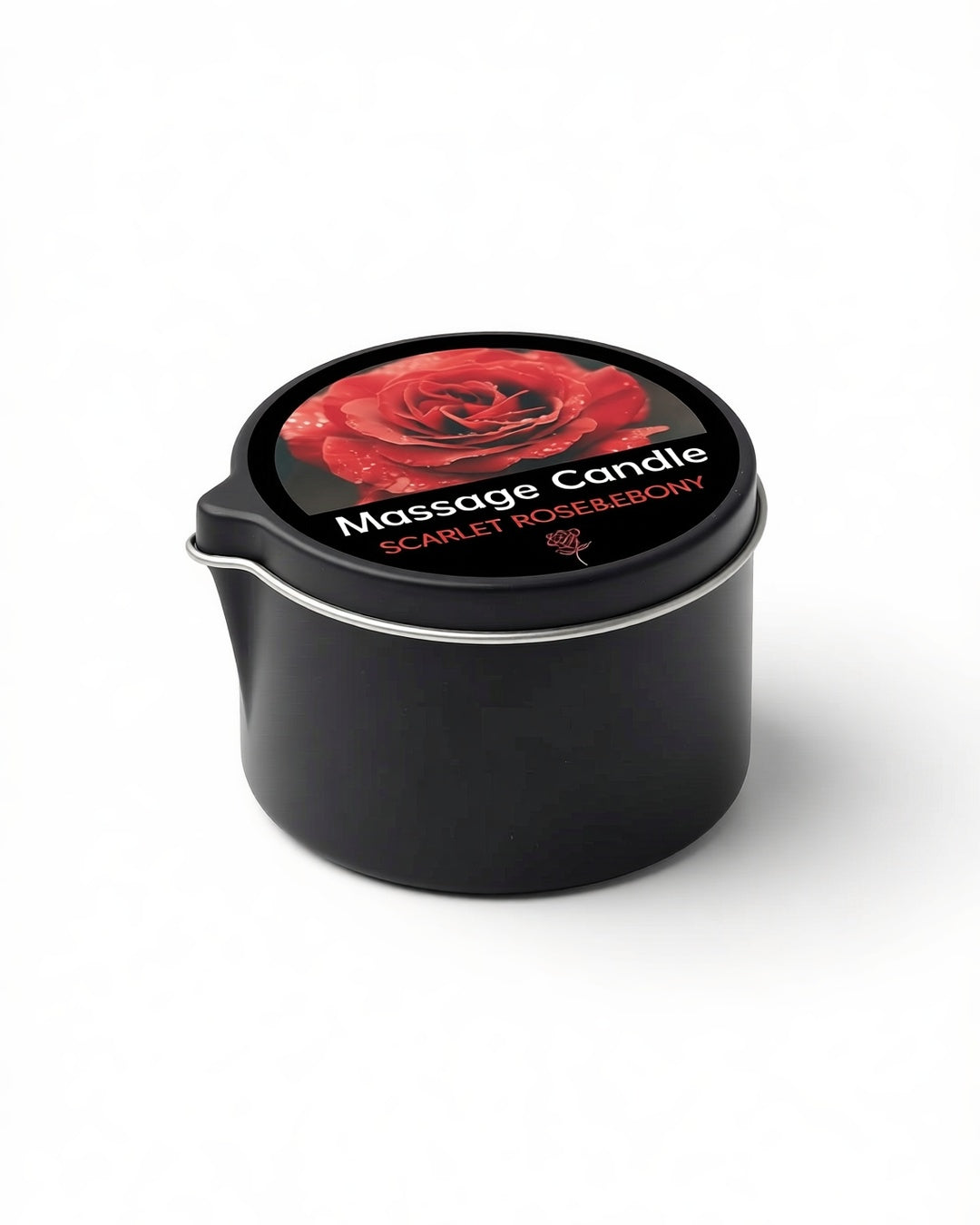 Shea Butter Massage Candle, 56.7 g, shown in Scarlet Rose and Ebony, product photo on a white background.