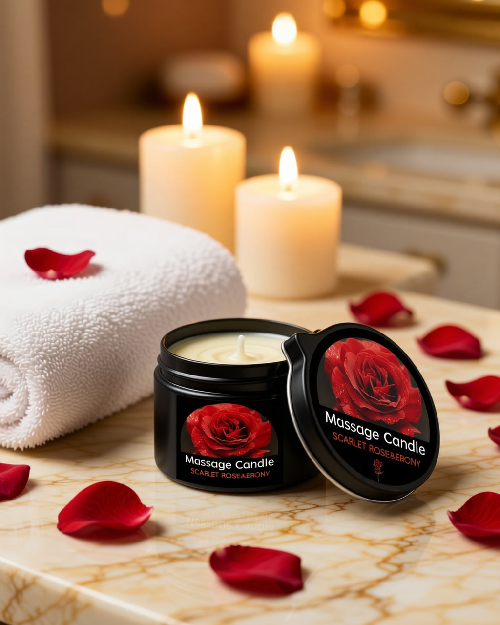 Shea Butter Massage Candle, 56.7 g in a spa setting with candles and a towel.