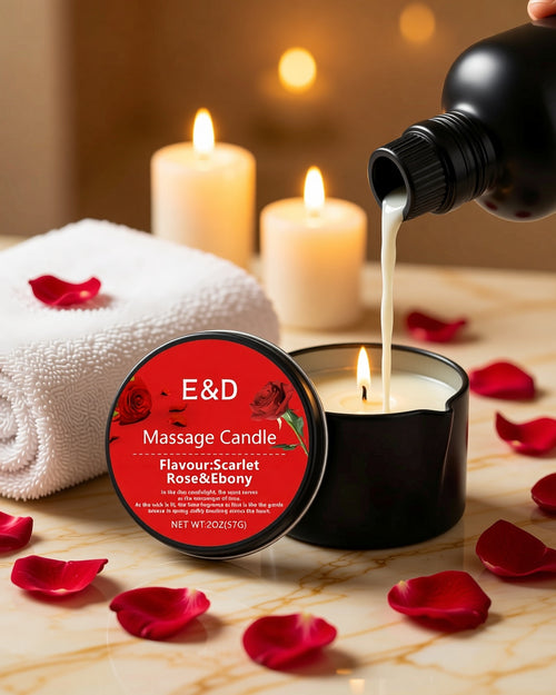 Essential Oil Massage Candle with Pour Spout, 57 g in a spa setting with candles and a towel.
