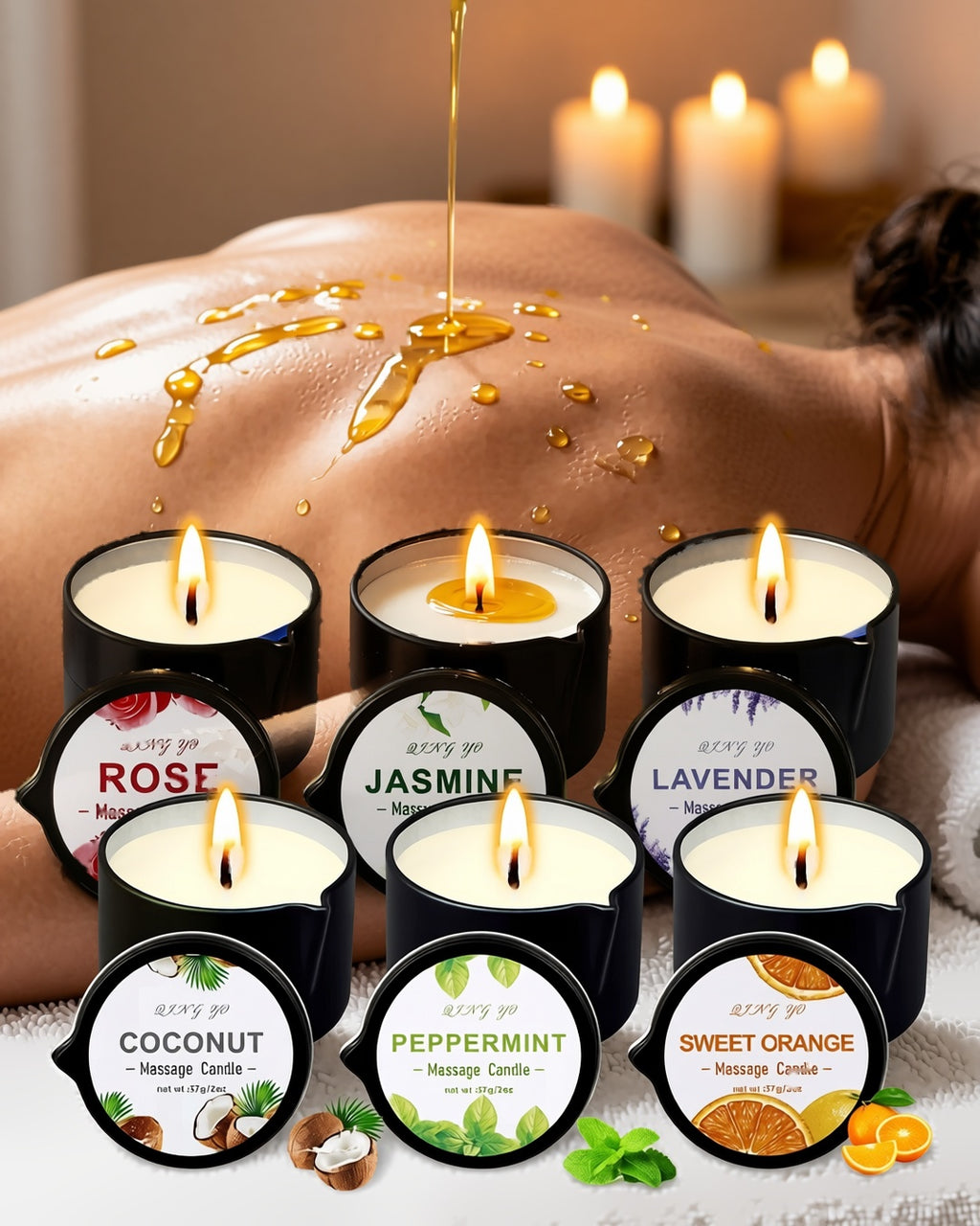Low-Temperature Soy Wax Massage Candle, a few drops of oil on bare skin. onmodel