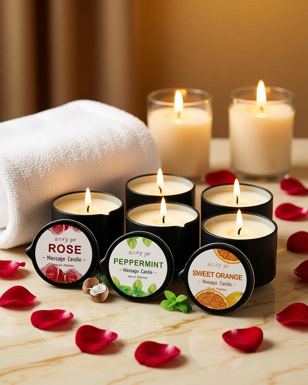 Low-Temperature Soy Wax Massage Candle in a spa setting with candles and a towel.