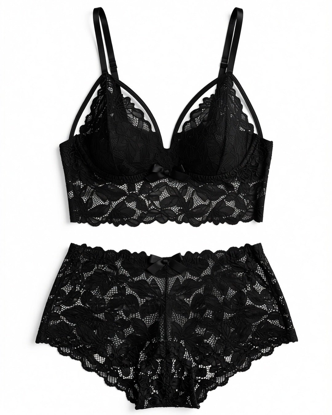 Plus Size Floral Lace Bra and Boyshort Set in Black, laid flat to show the full piece.